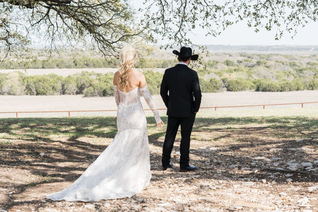Bride and groom's first look at Diamond A Ranch wedding.