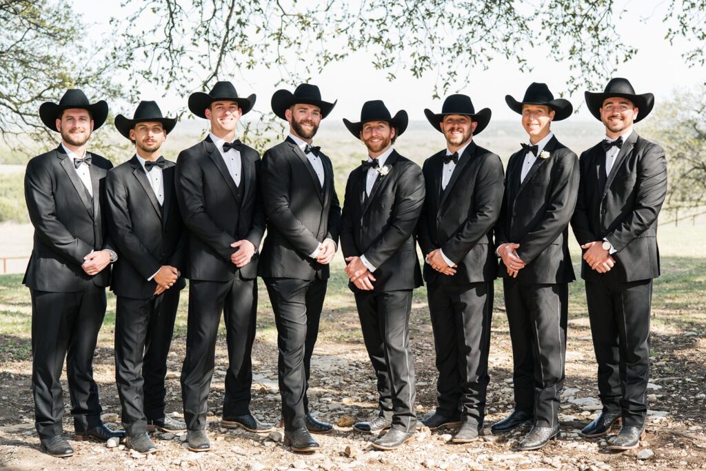Groom and his groomsmen at Diamond A Ranch wedding venue in central Texas.