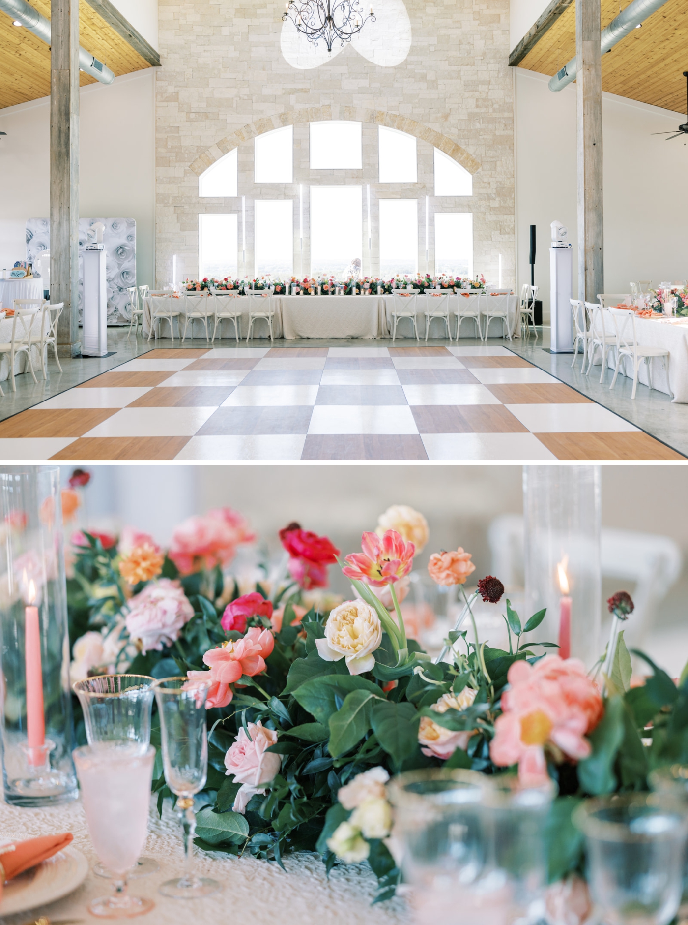 A wedding reception venue in Fort Worth with a custom wood and white checkered dance floor