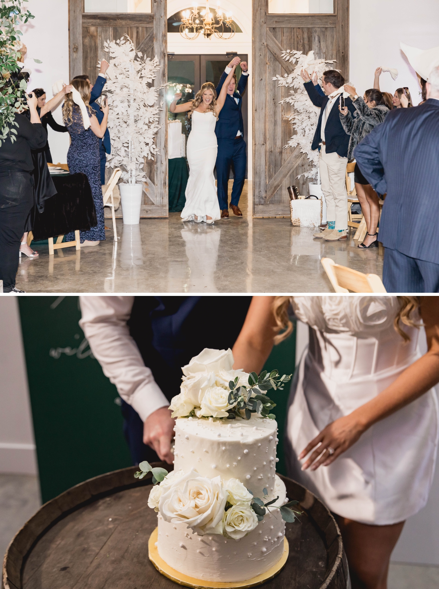 A bride and groom cheer as they enter their wedding reception at Diamond A Ranch