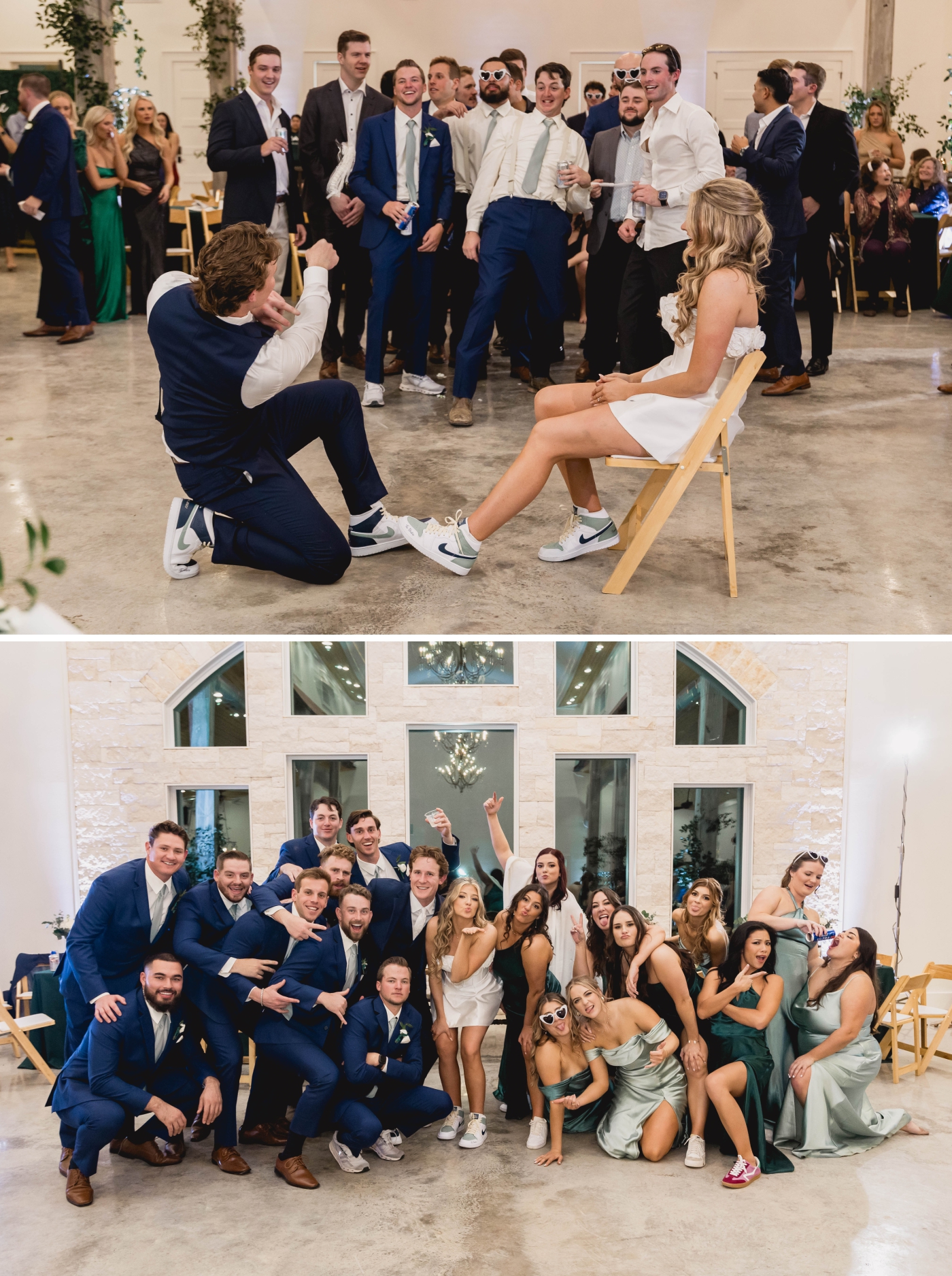 A bride, groom, and wedding party pose in front of the cathedral windows at Diamond A Ranch