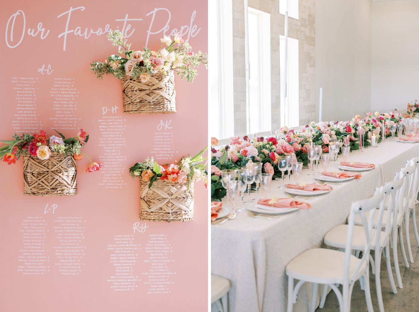 A pink seating chart with floral baskets hanging from it