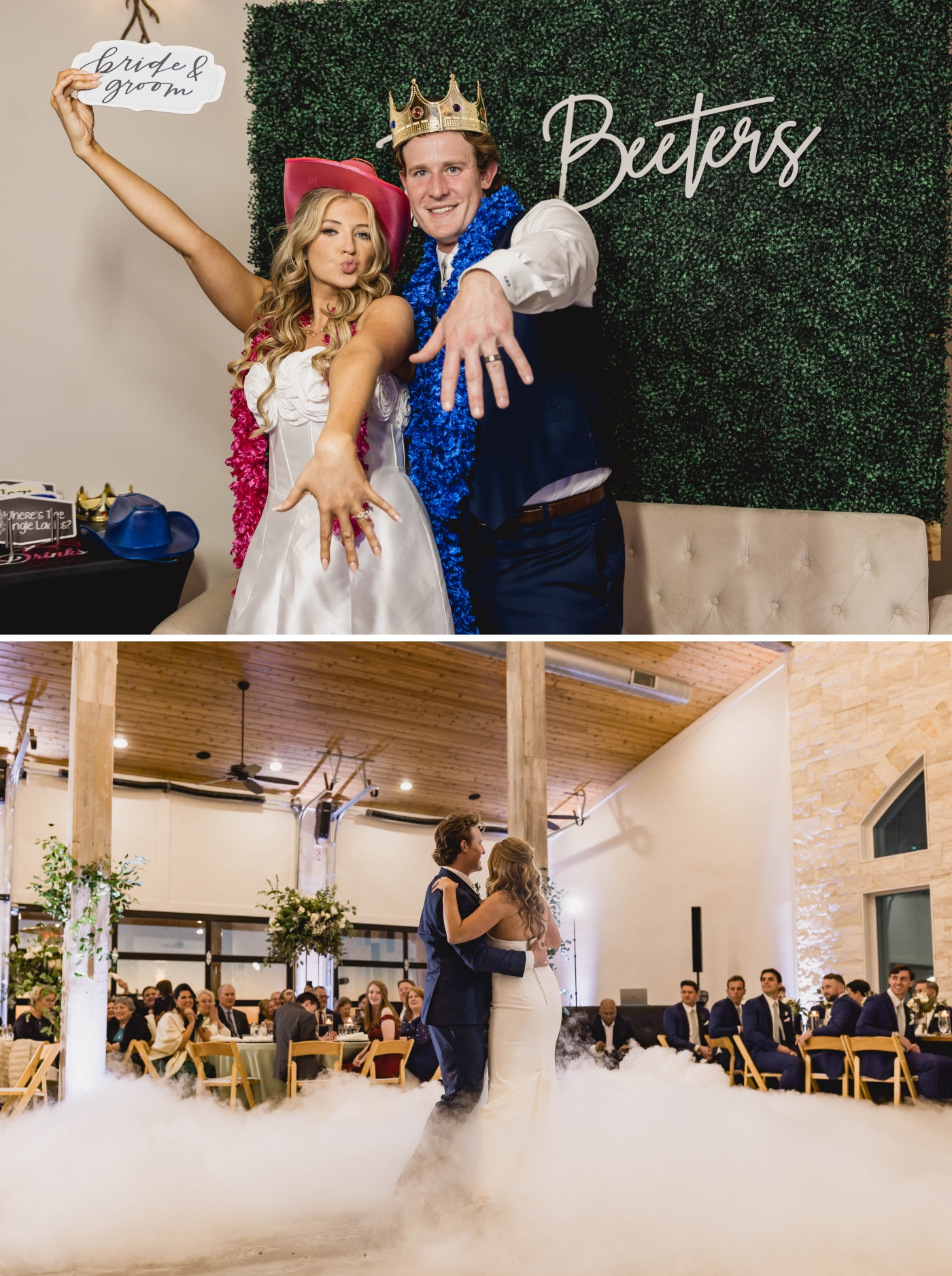 A bride and groom have their first dance in a field of fog 