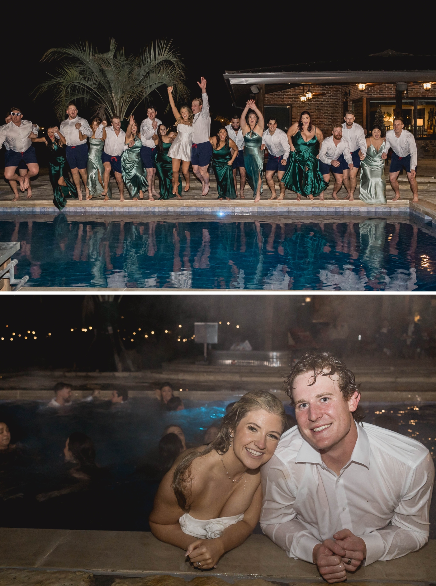 A wedding party jumps into the swimming pool at a wedding reception venue in Fort Worth