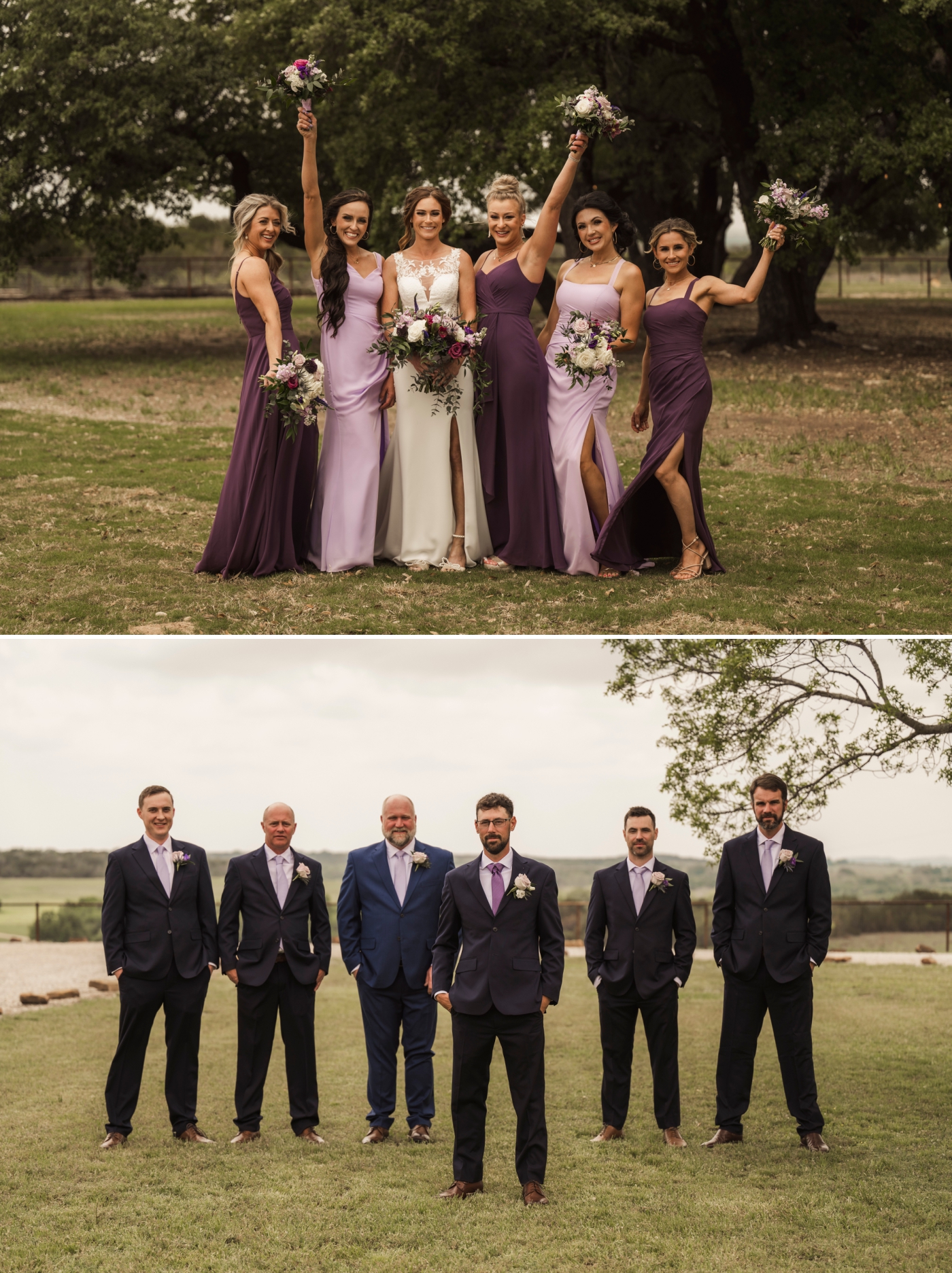 Photos of bridesmaids in purple and groomsmen in suits during a wedding weekend celebration