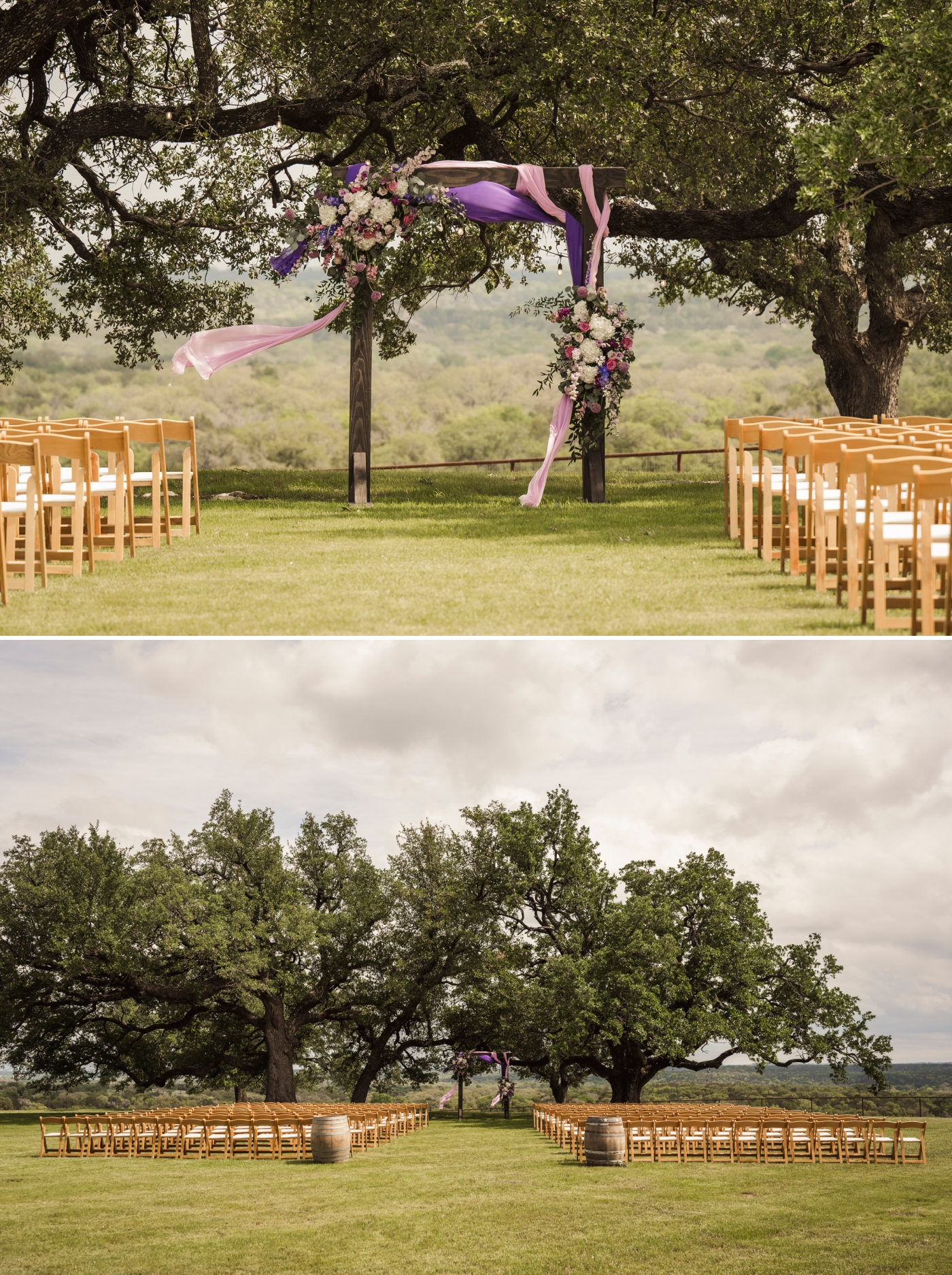 A wedding ceremony at the live oak grove at the Diamond A Ranch in Weatherford, Texas
