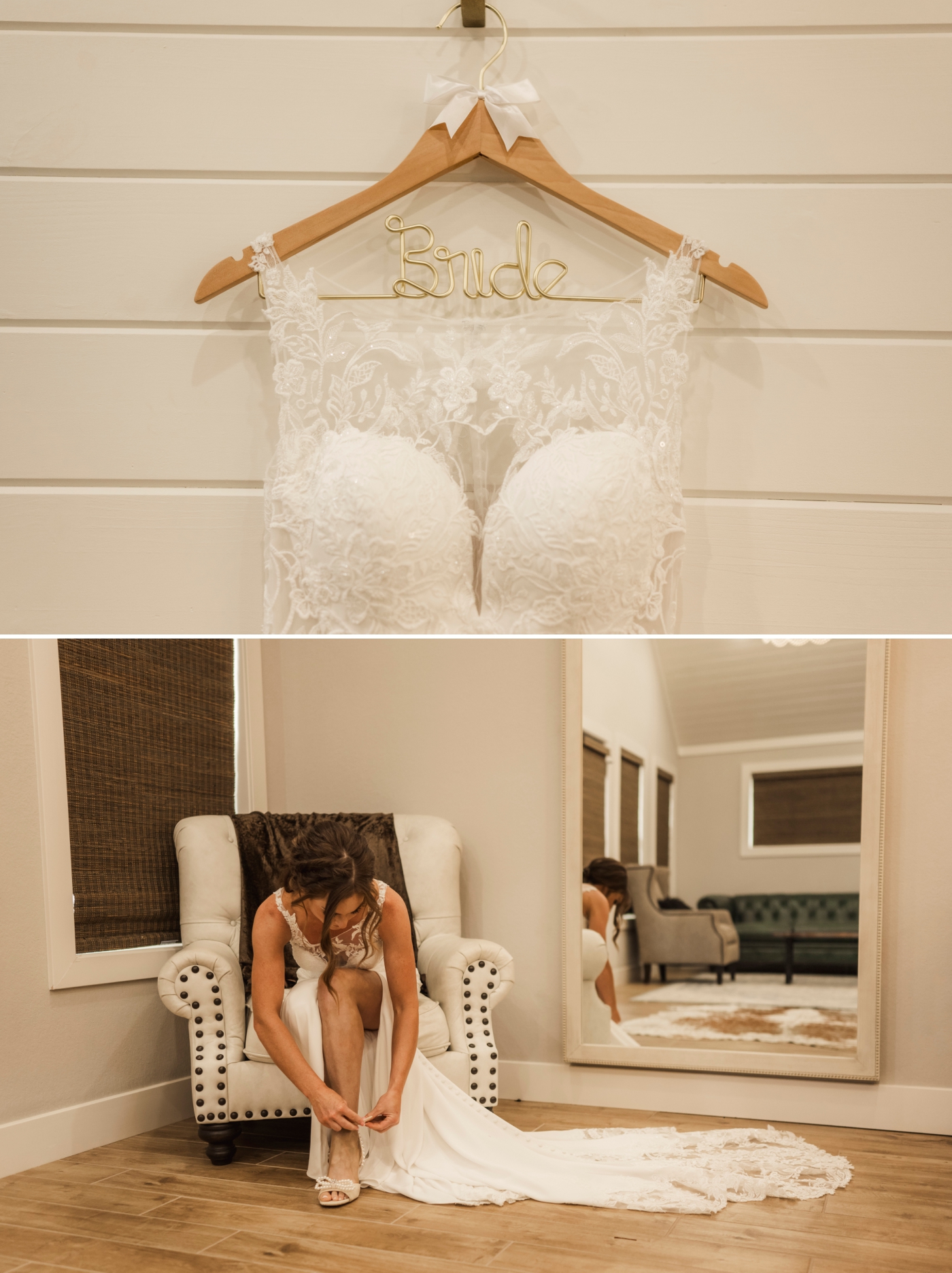 A bride putting on her shoes before her wedding ceremony at the Diamond A Ranch