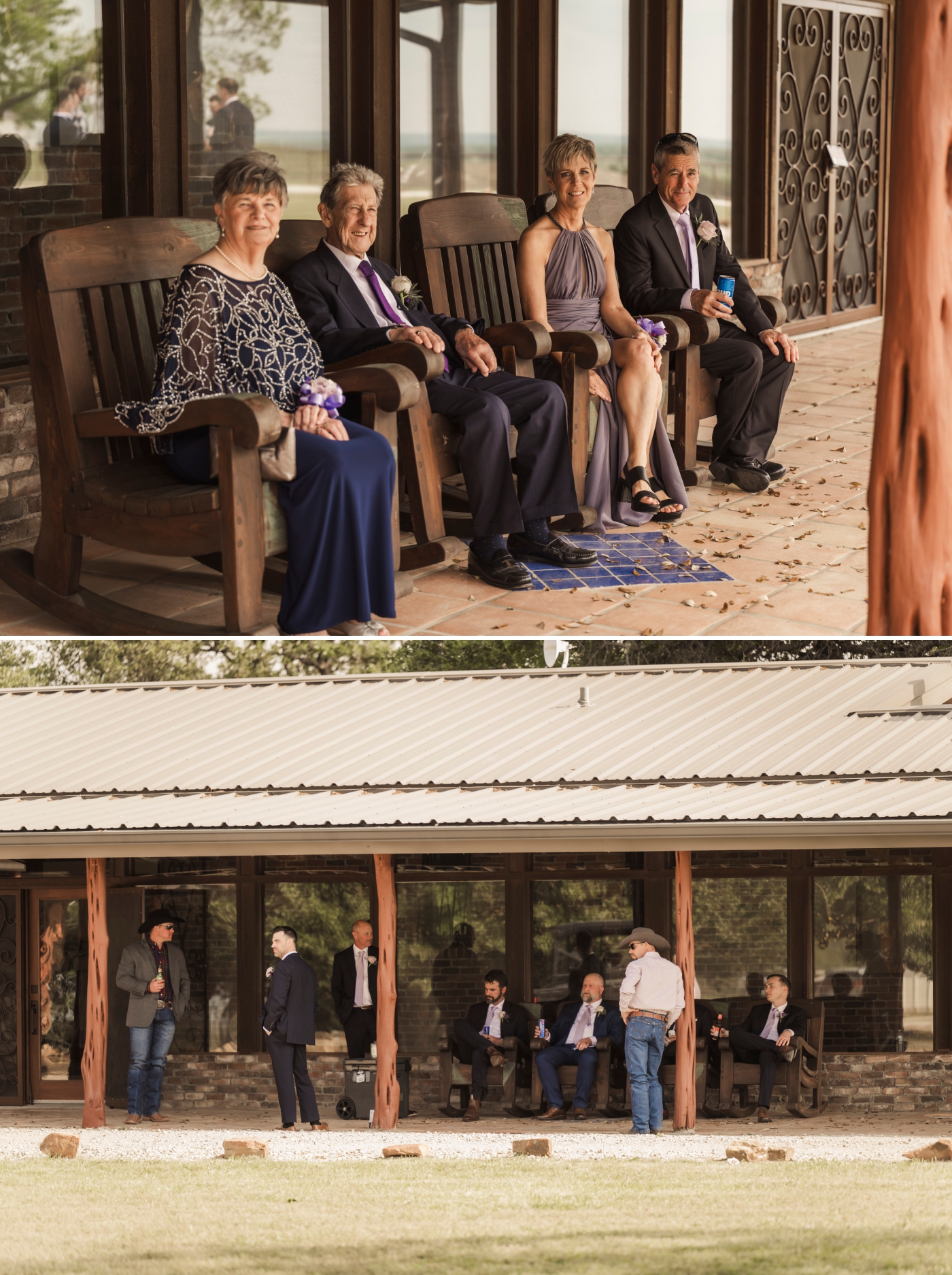 A bride and groom's grandparents resting on the porch during a wedding weekend