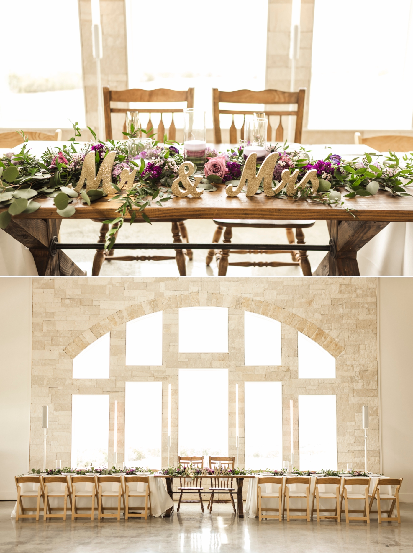 The head table at a wedding reception, decorated with white and purple flowers 
