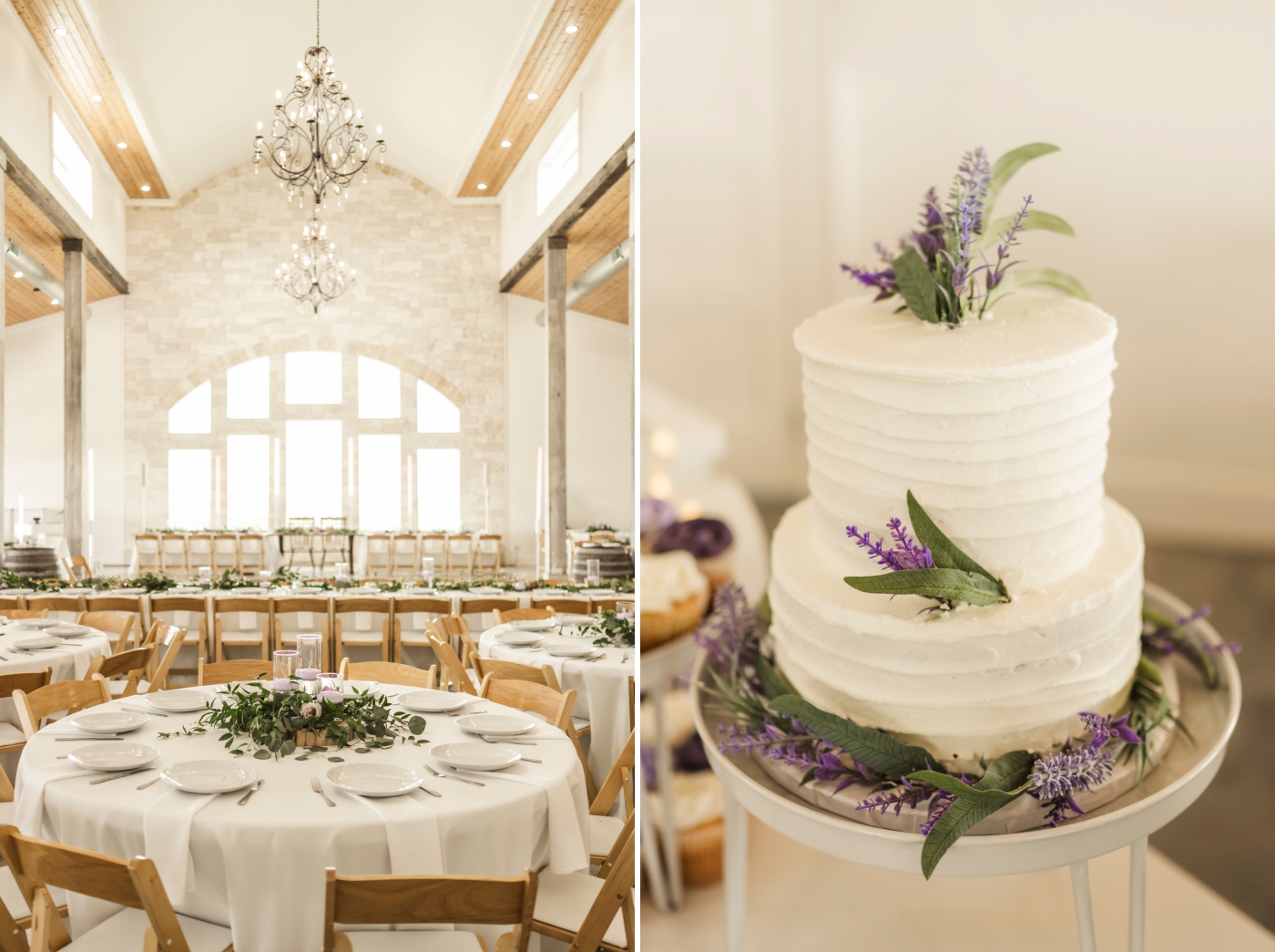 A wedding cake adorned with lavender at a wedding weekend in Weatherford, Texas 