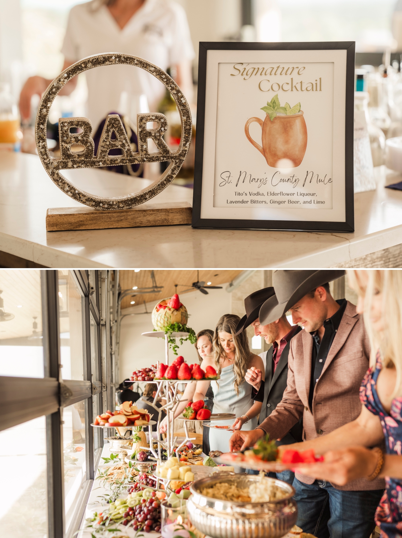 Guests at a wedding weekend getting food from a charcuterie board at the Diamond A Ranch