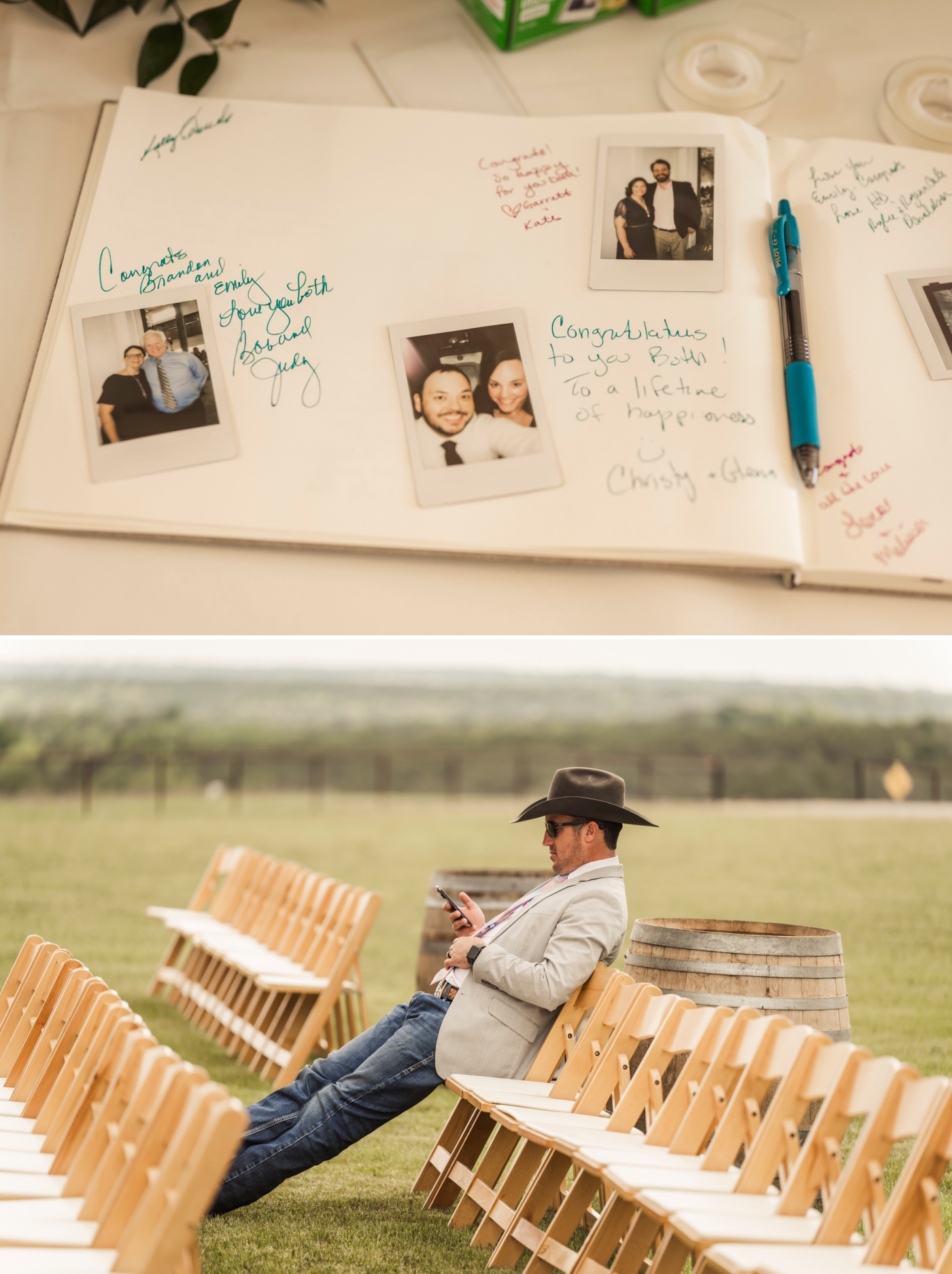 A wedding guest sitting outside during a wedding weekend celebration 