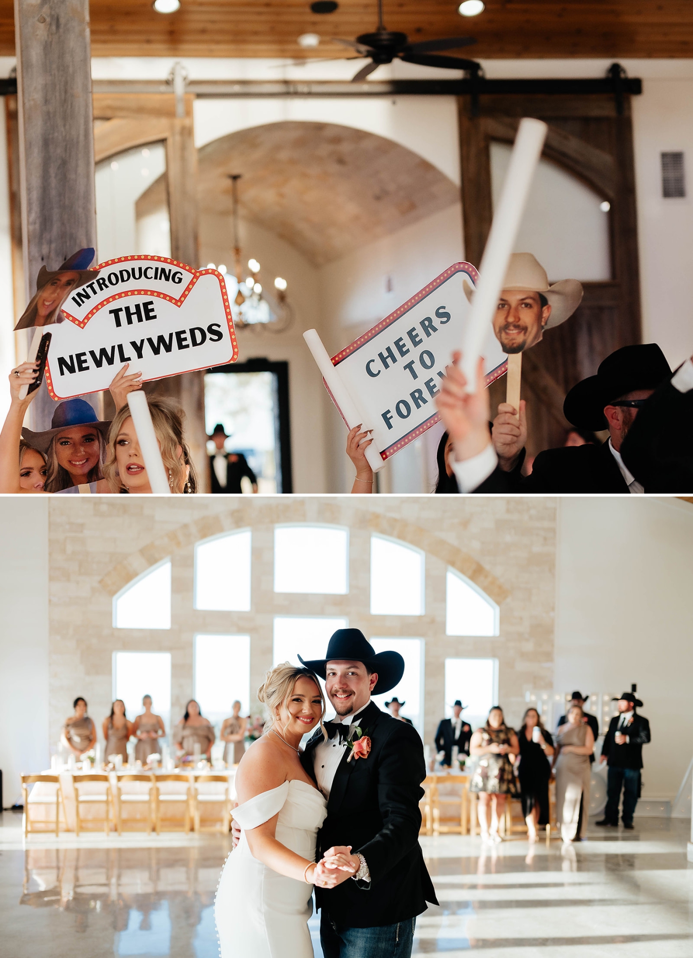 A bride and groom's grand entrance into their wedding reception at the Diamond A Ranch