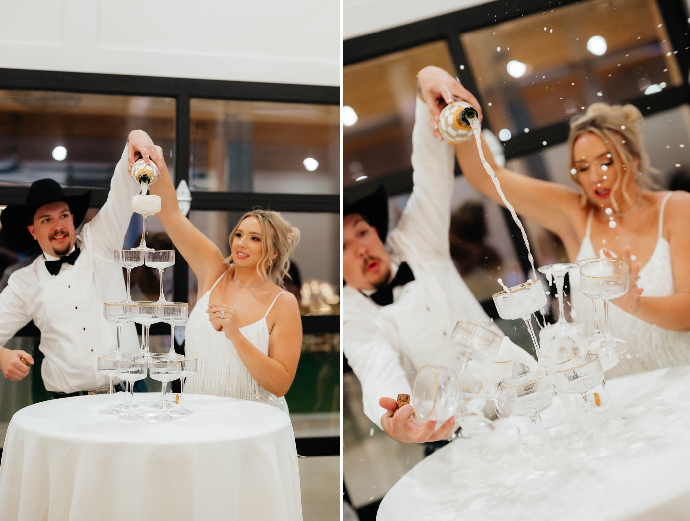 A bride and groom pouring champagne into a tower of glasses at their wedding reception
