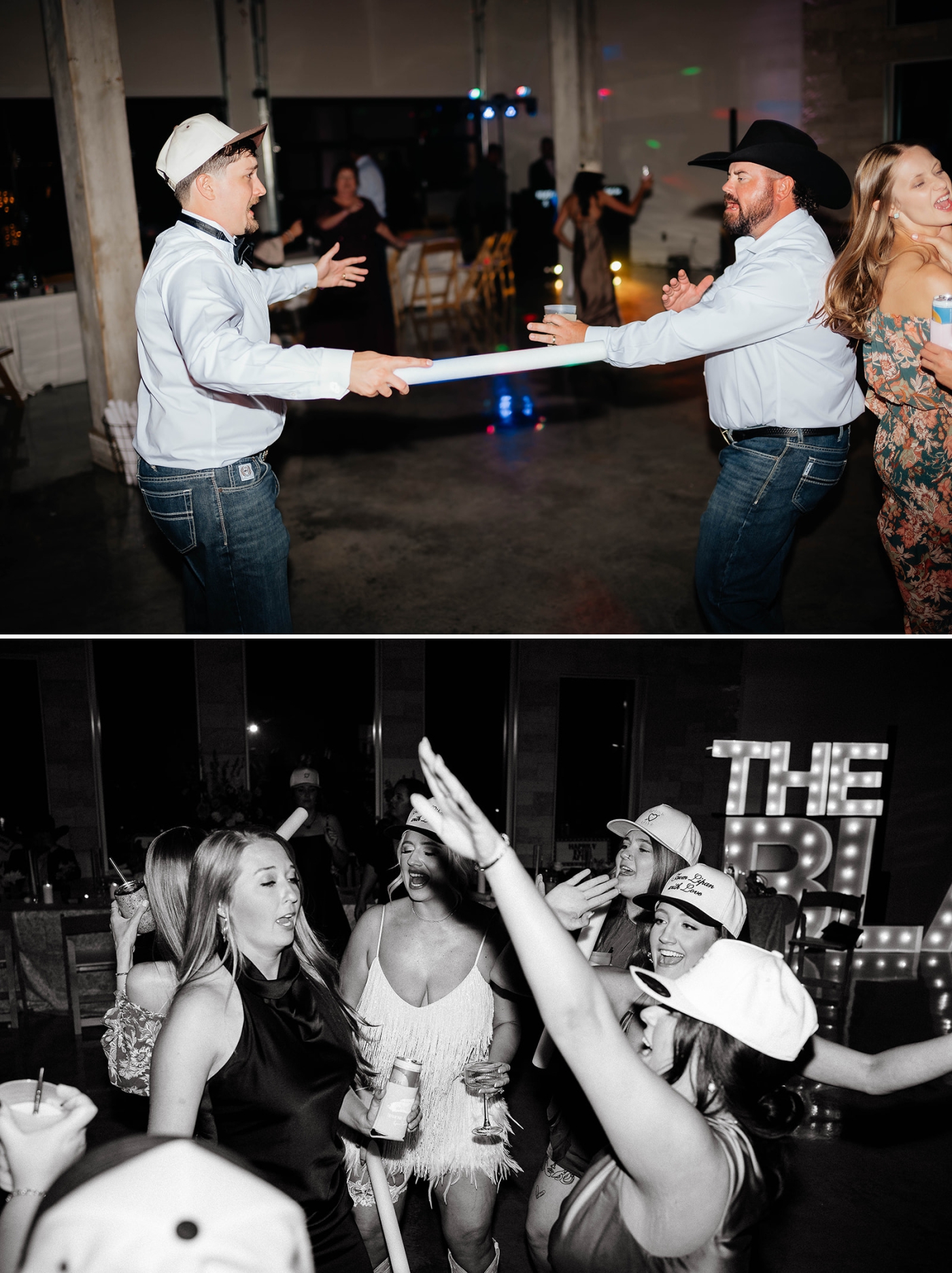 Wedding guests dancing during a wedding reception at the Diamond A Ranch in Weatherford Texas