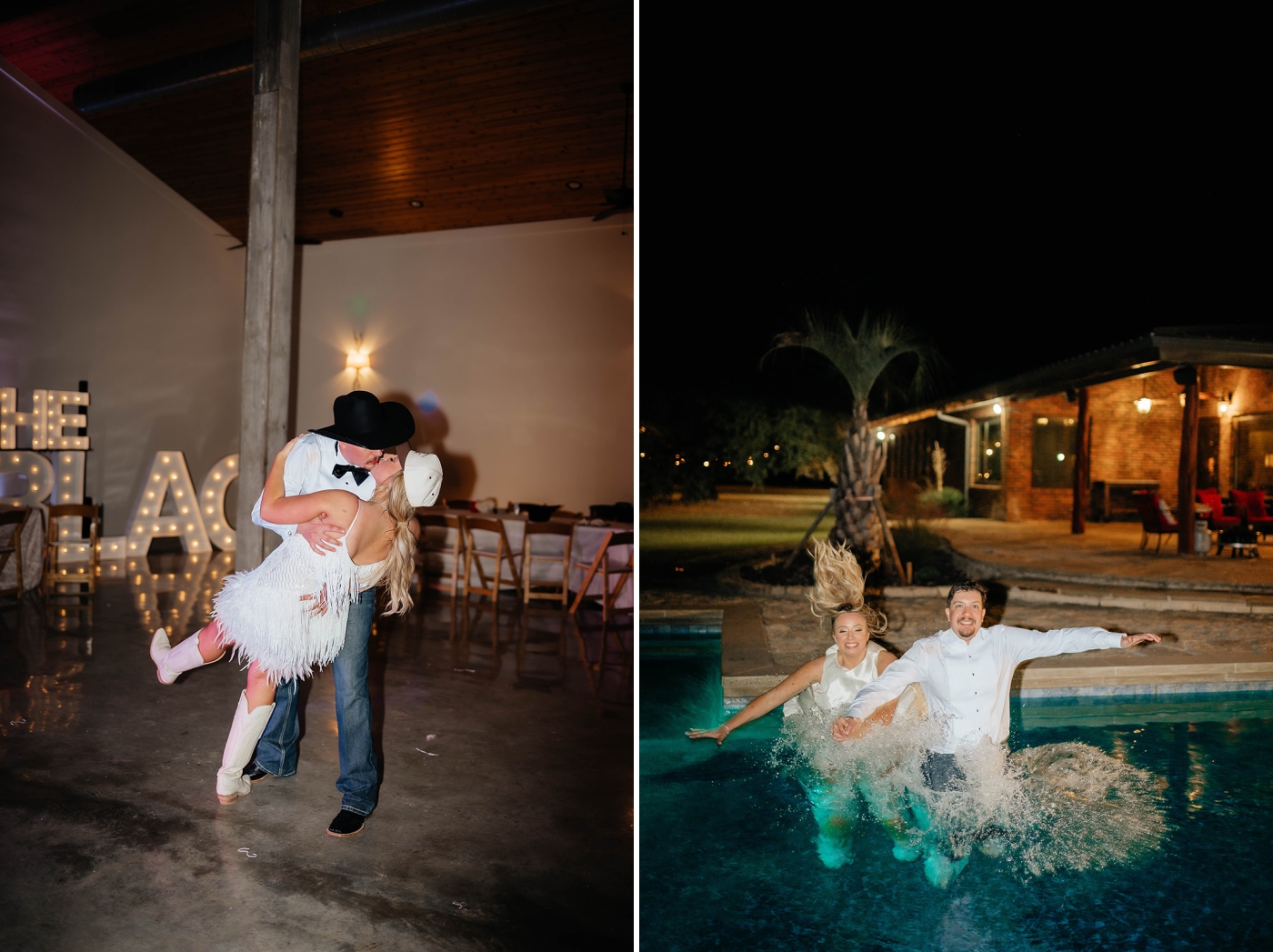 A bride and groom jumping into the pool after their wedding reception at the Diamond A Ranch