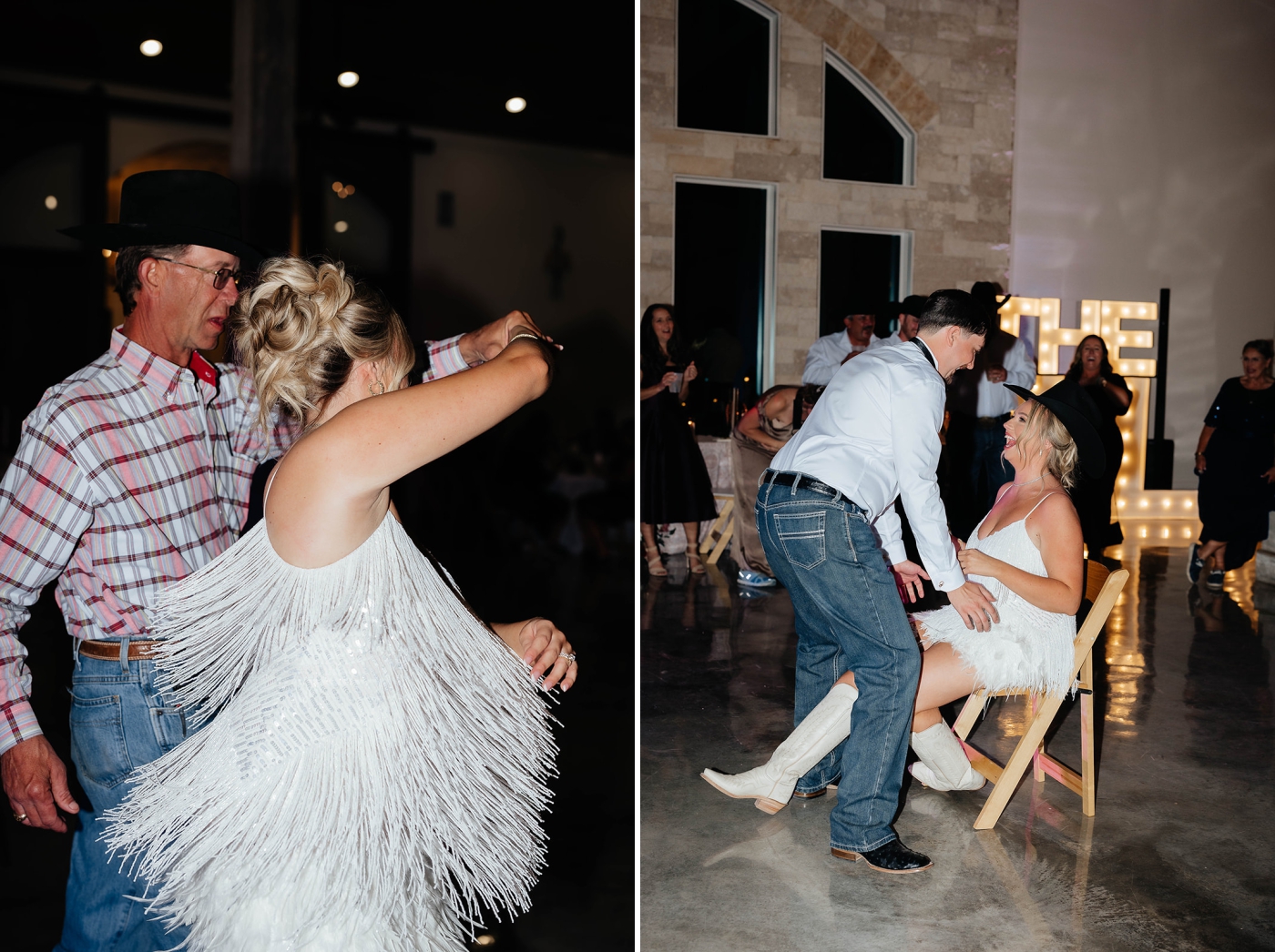 A bride and groom doing a garter toss at their wedding reception