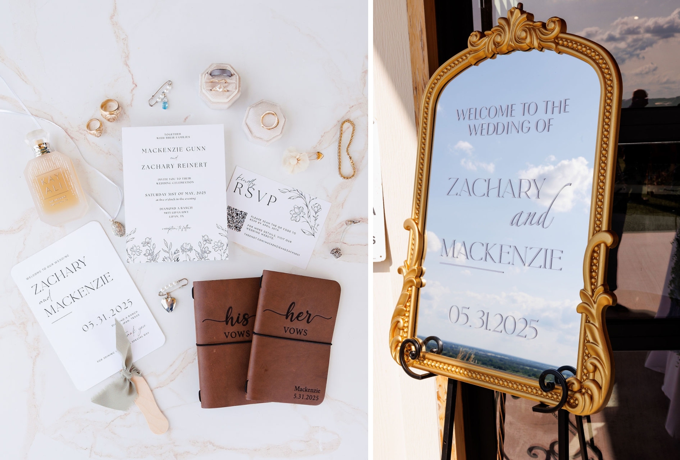 A flat-lay of wedding invitations and vow booklets for a May wedding in Texas