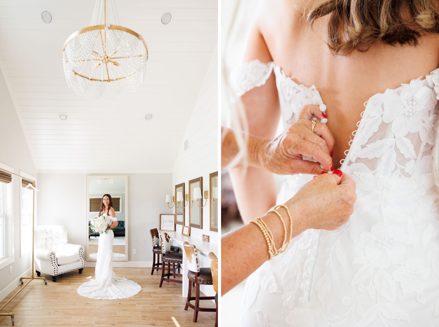 A bride stands in a bridal suite with high ceilings and natural light