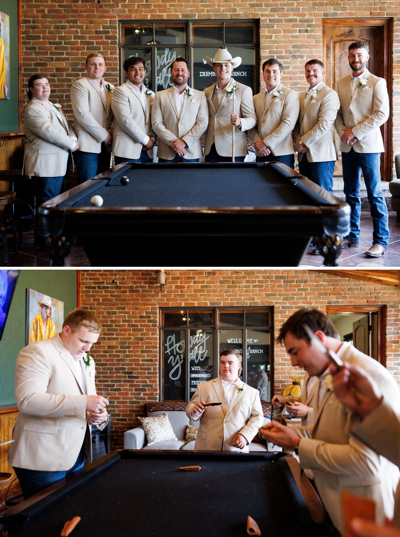 A groom and groomsmen standing in front of a pool table before a wedding in Texas