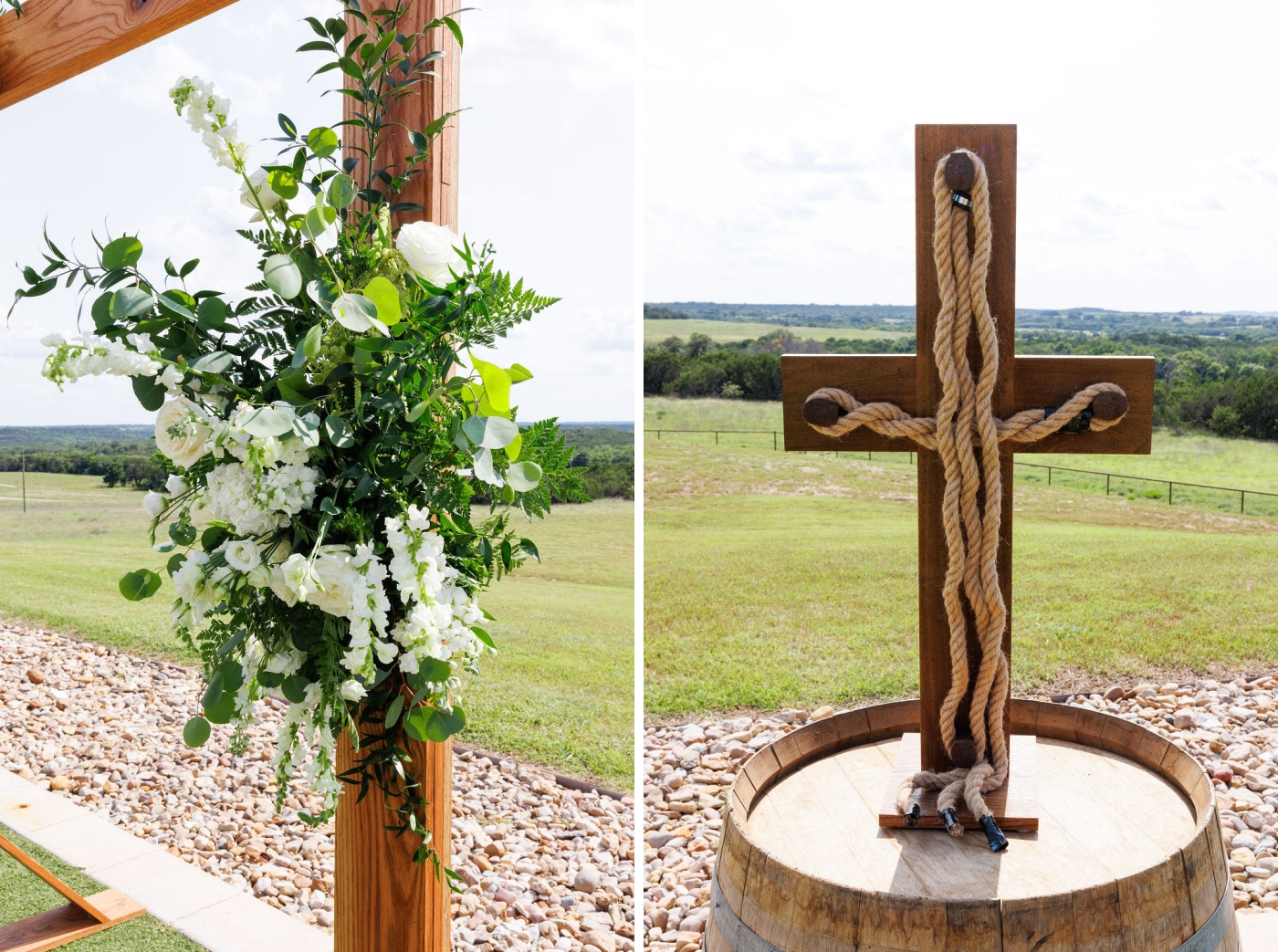 Floral details decorating a wedding arbor at an outdoor wedding venue in Texas