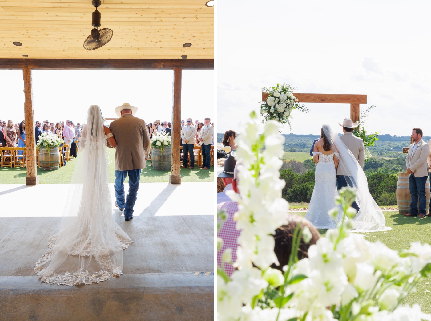 A bride walks down the aisle with her father at a Texas outdoor wedding venue
