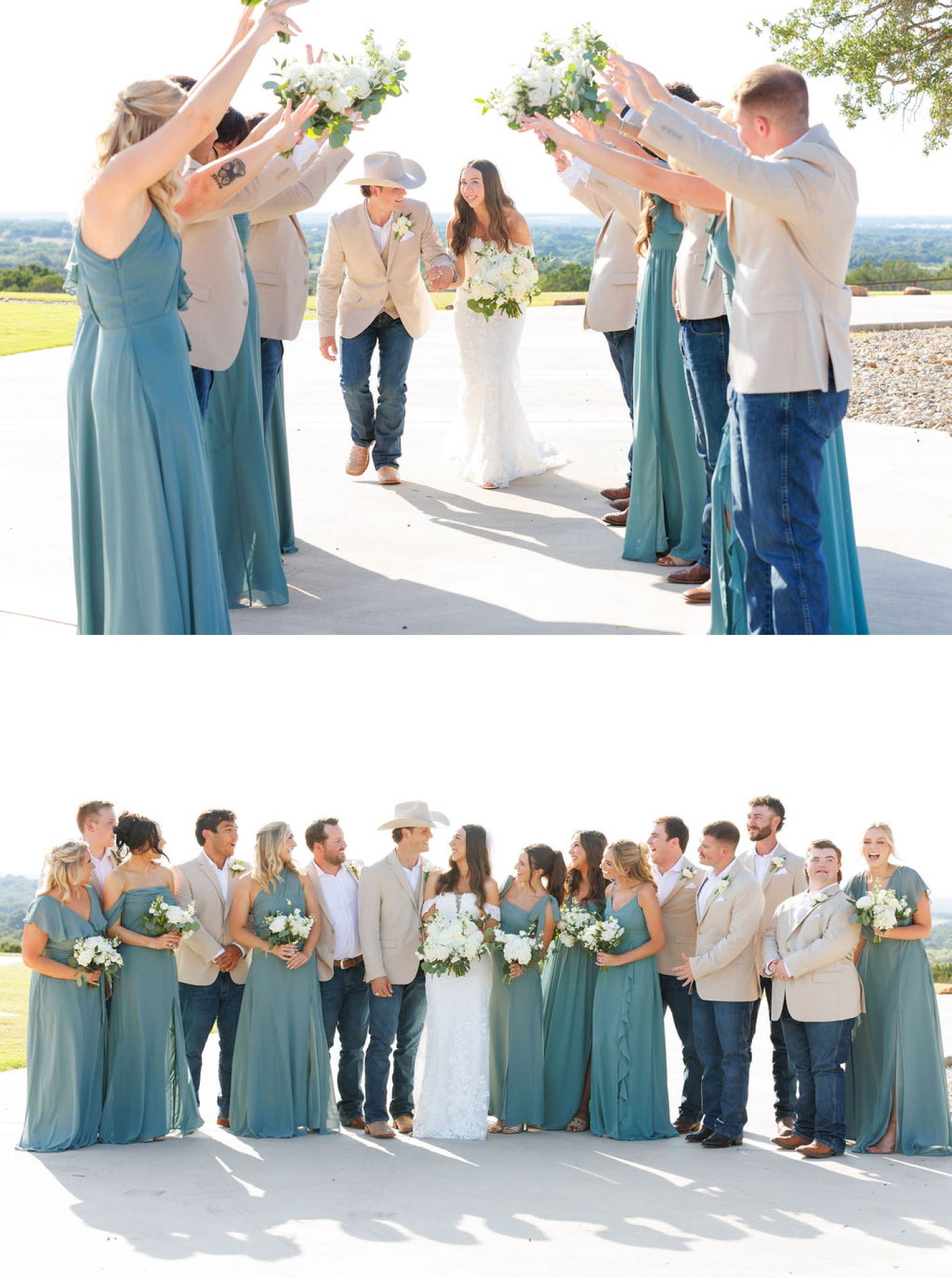 A wedding party in blue and khaki gathers around the bride and groom