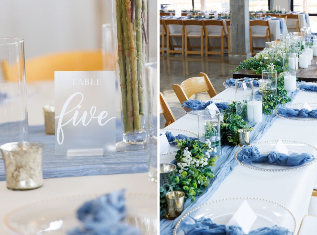 A wedding reception at an outdoor venue in Texas decorated with blue and white linens 