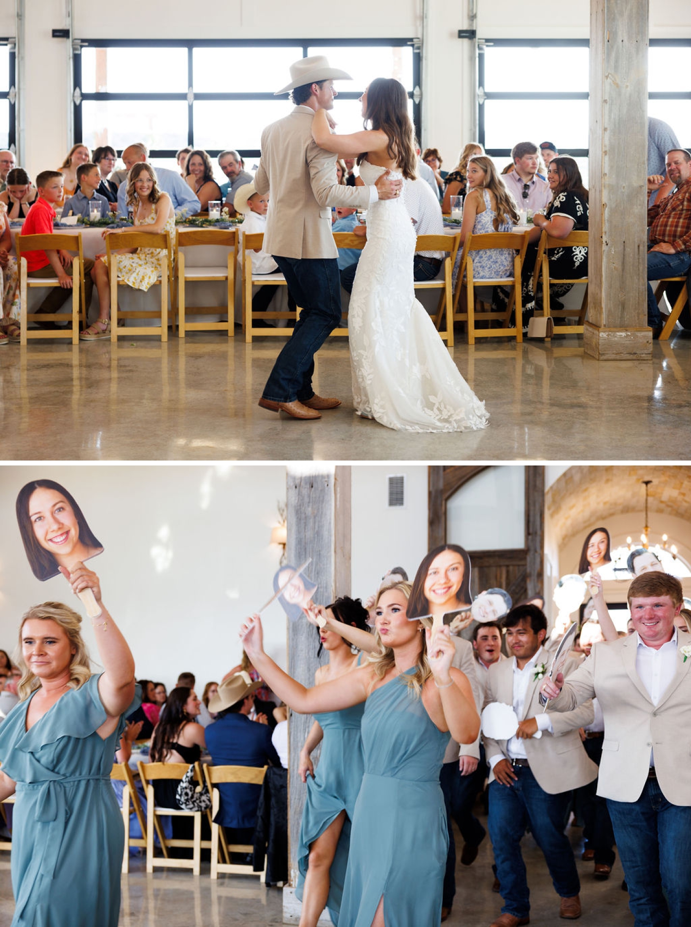 A bride and groom dance in front of their guests during their wedding reception in Texas