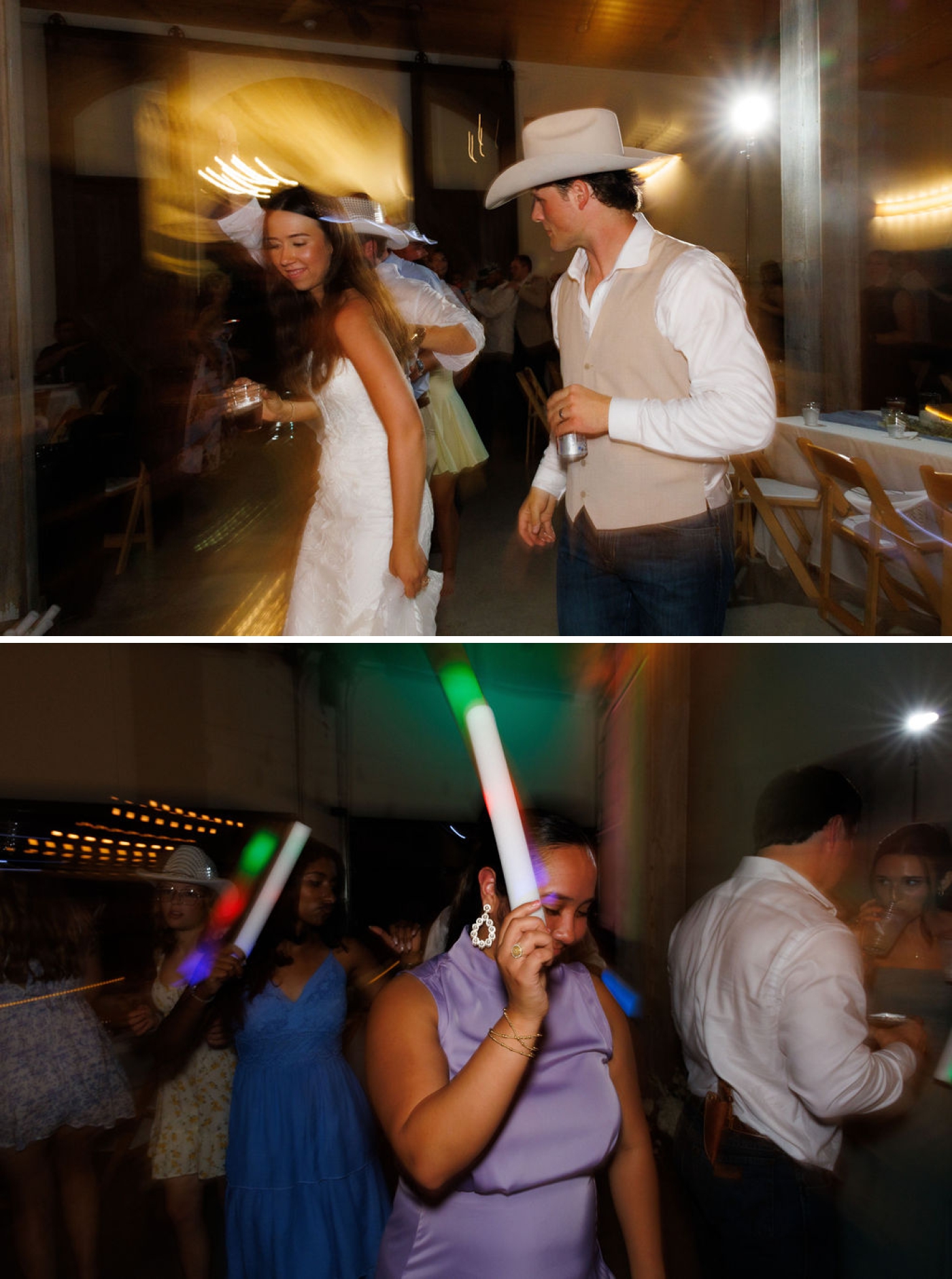 A bride and groom on the dance floor during their wedding reception 