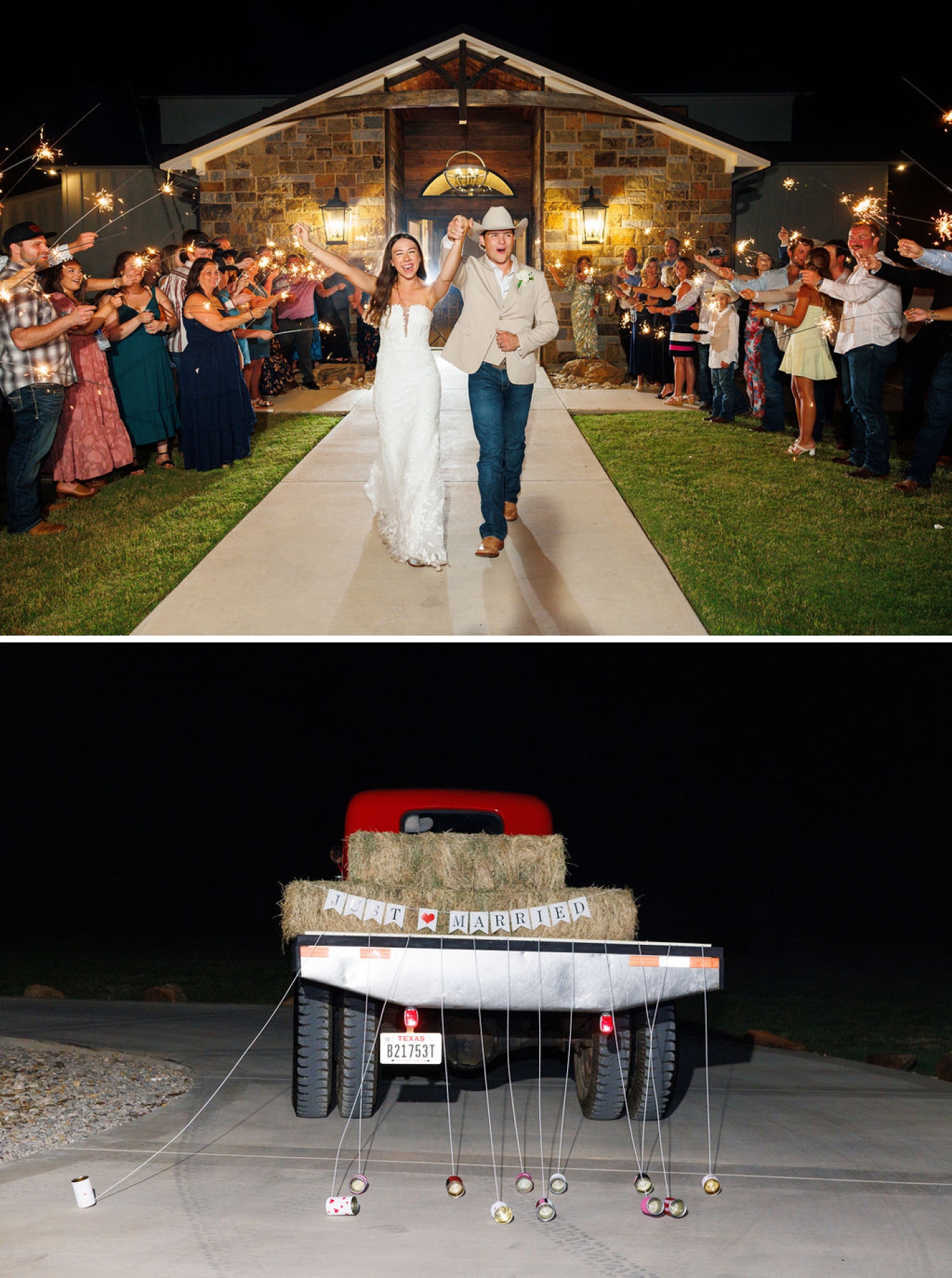 A bride and groom exit their wedding reception while their guests hold sparklers