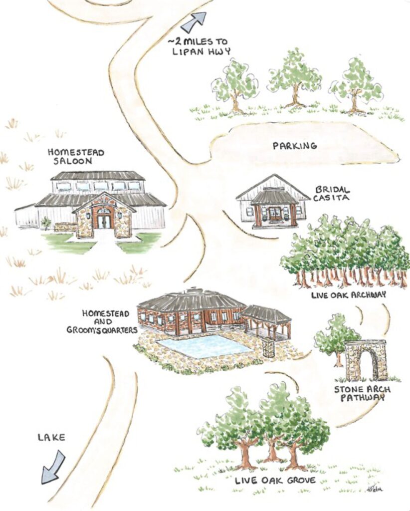 A wedding map of Diamond A Ranch in Dallas, Texas