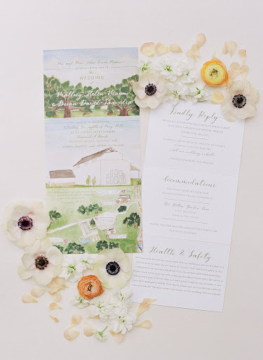 Wedding invitation suite with a custom watercolor drawing of Dallas Wedding Venue, Diamond A Ranch