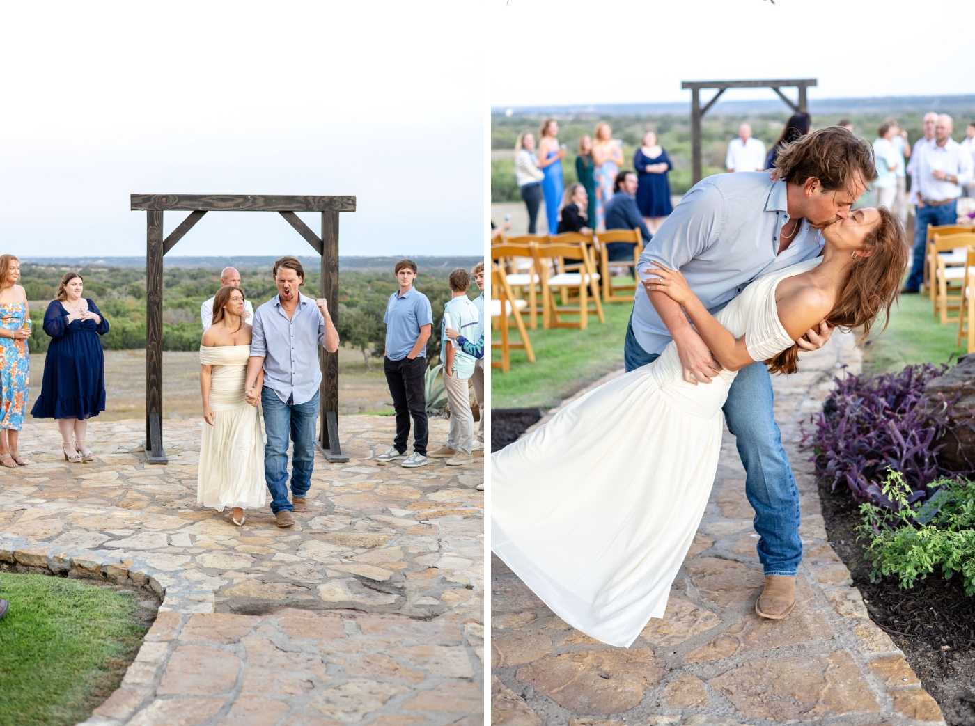 A bride and groom kiss after their wedding rehearsal at the Diamond A Ranch