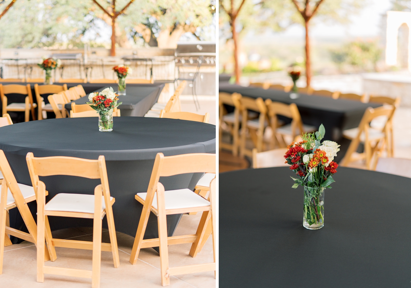 A rehearsal dinner in Fort Worth Texas set up beneath a gazebo at the Diamond A Ranch