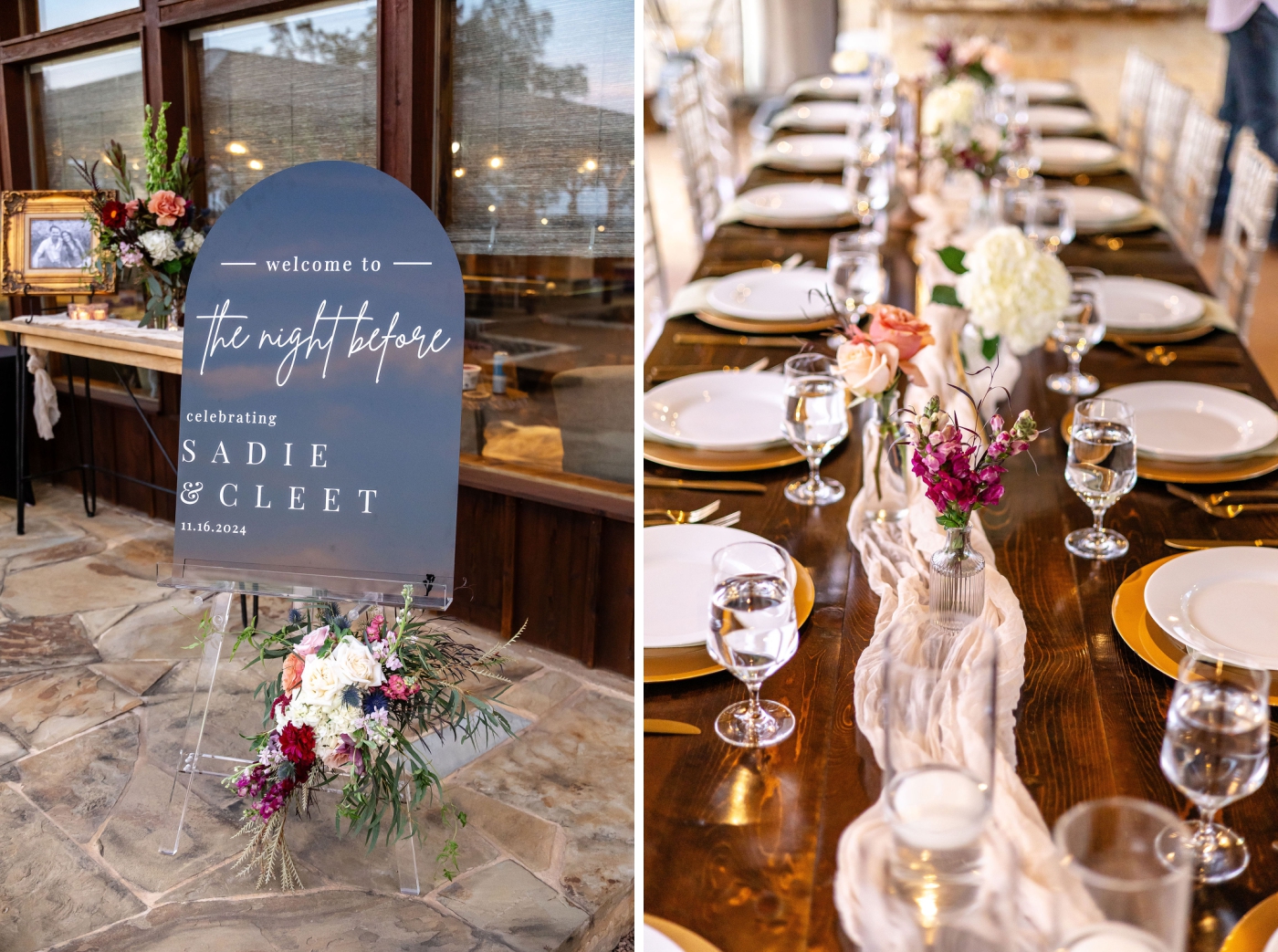 A long wooden table with a white table runner and bud vases full of wildflowers