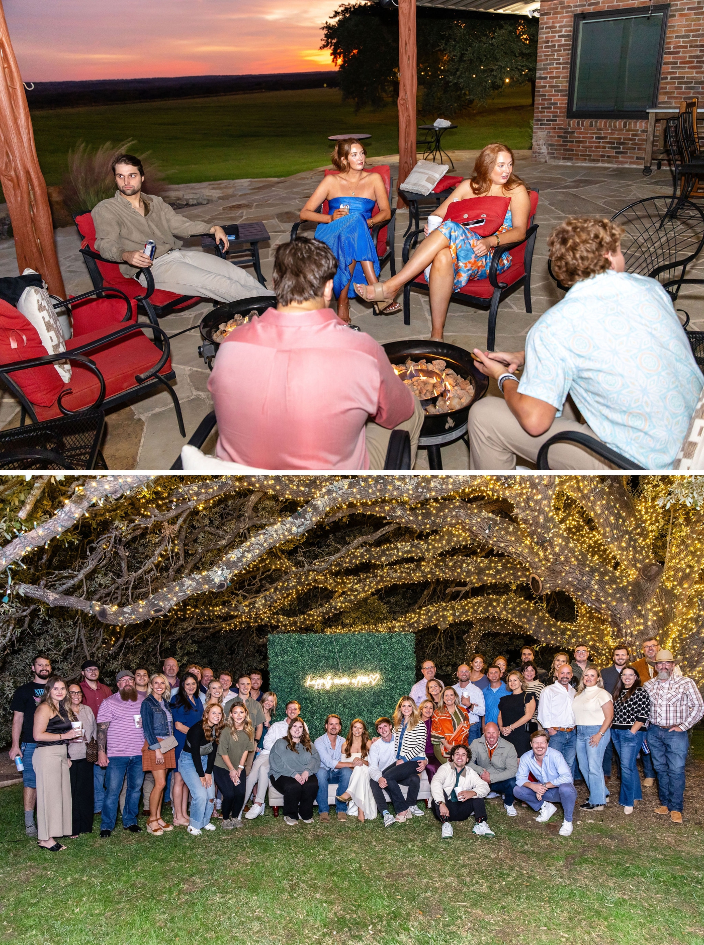 Wedding guests relax around a fire pit after a rehearsal dinner in Fort Worth, Texas