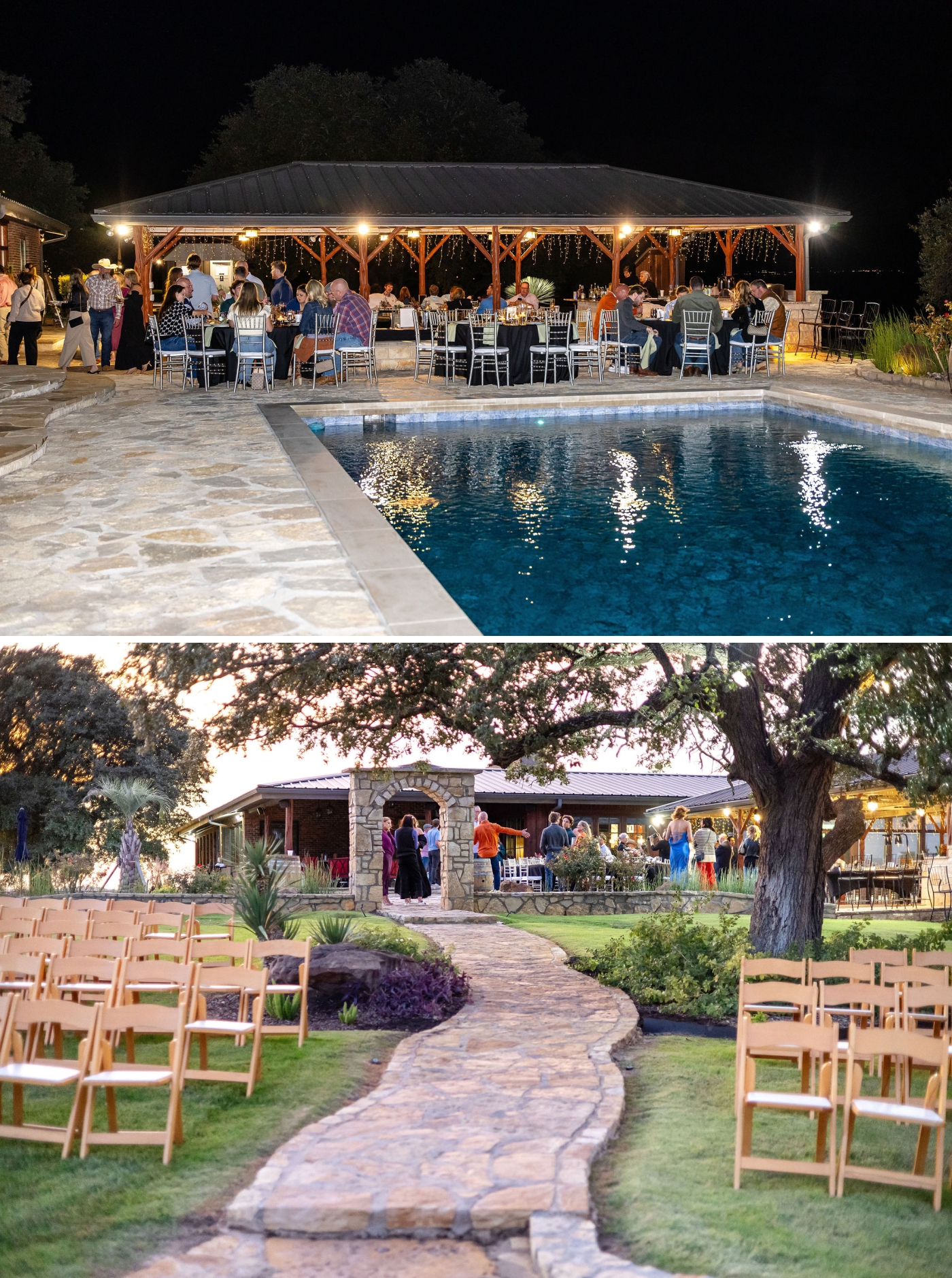 A poolside rehearsal dinner in Fort Worth, Texas, beneath a gazebo at the Diamond A Ranch