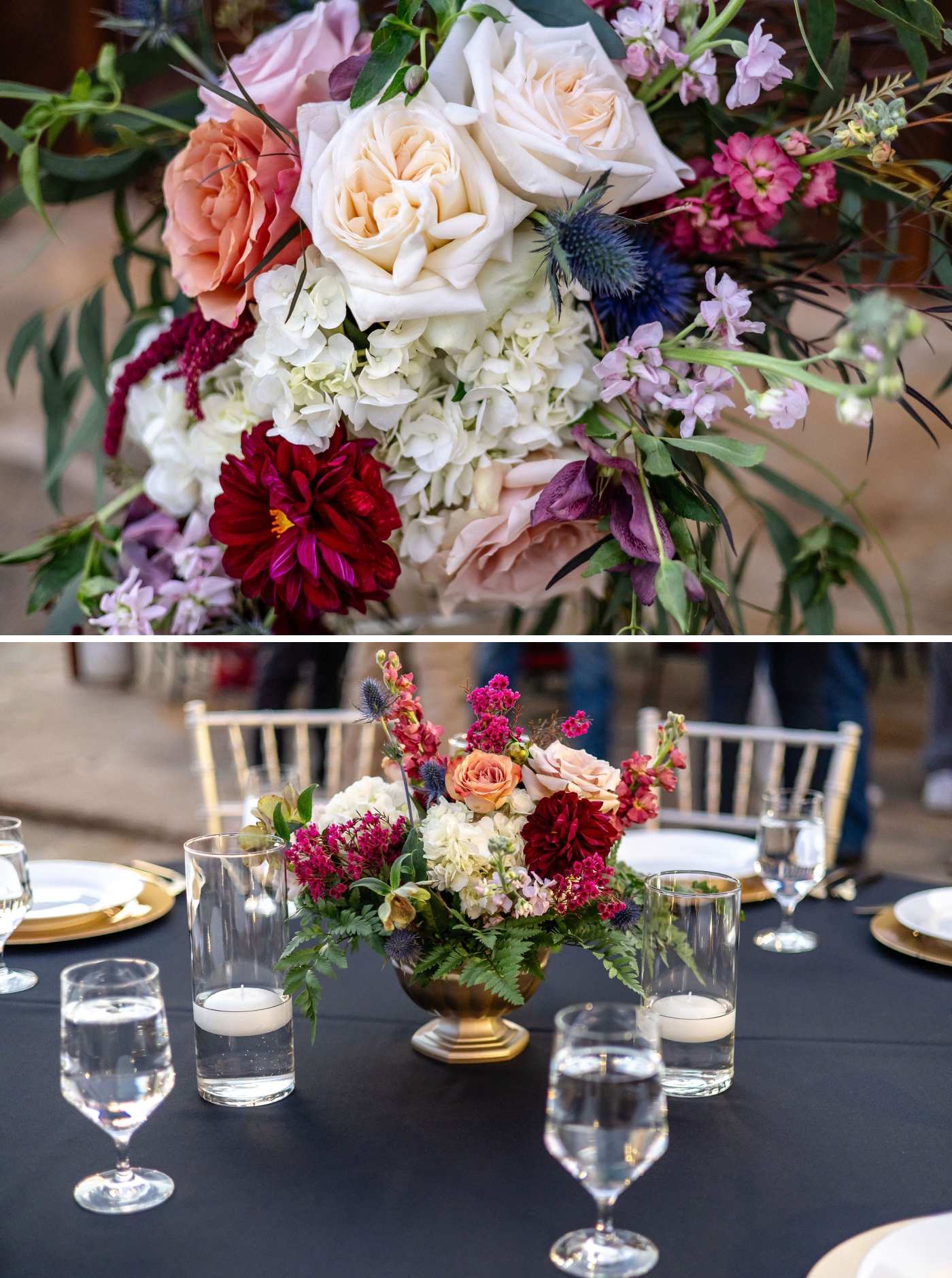 Details of a rich white, pink, and maroon flower arrangement on a black tablecloth