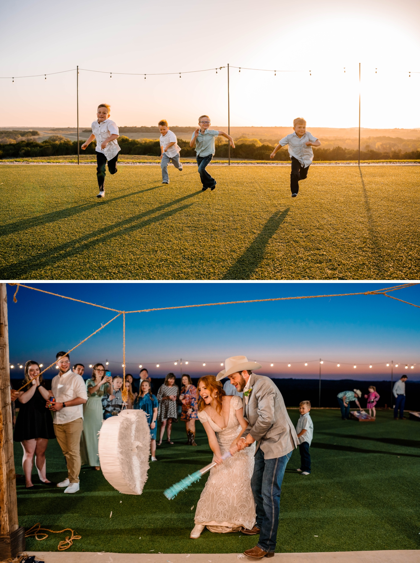 A bride and groom hit a pinata during cocktail hour at the Diamond A Ranch