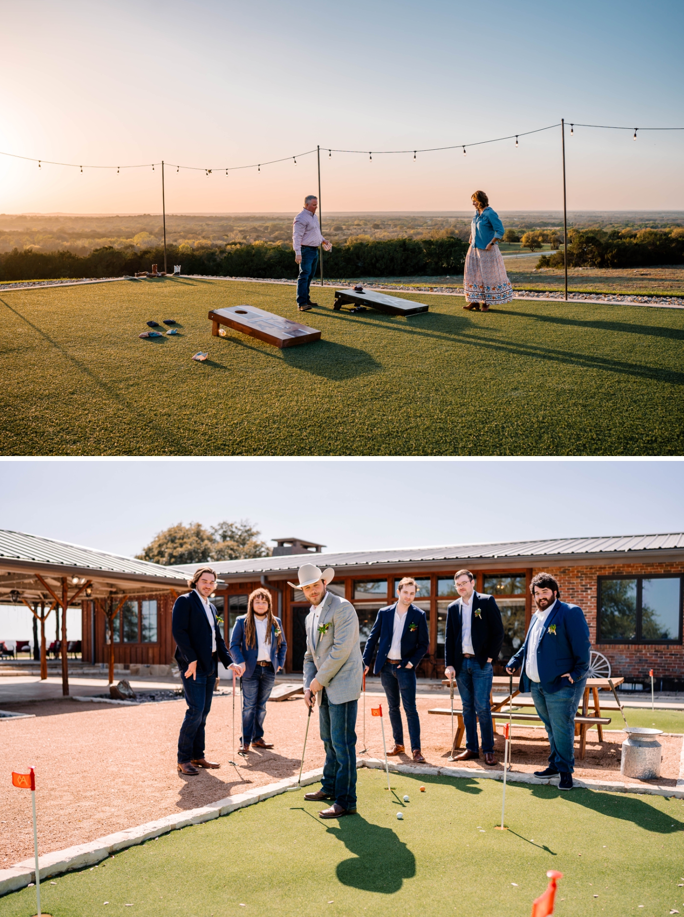Wedding guests play cornhole during sunset at the Diamond A Ranch