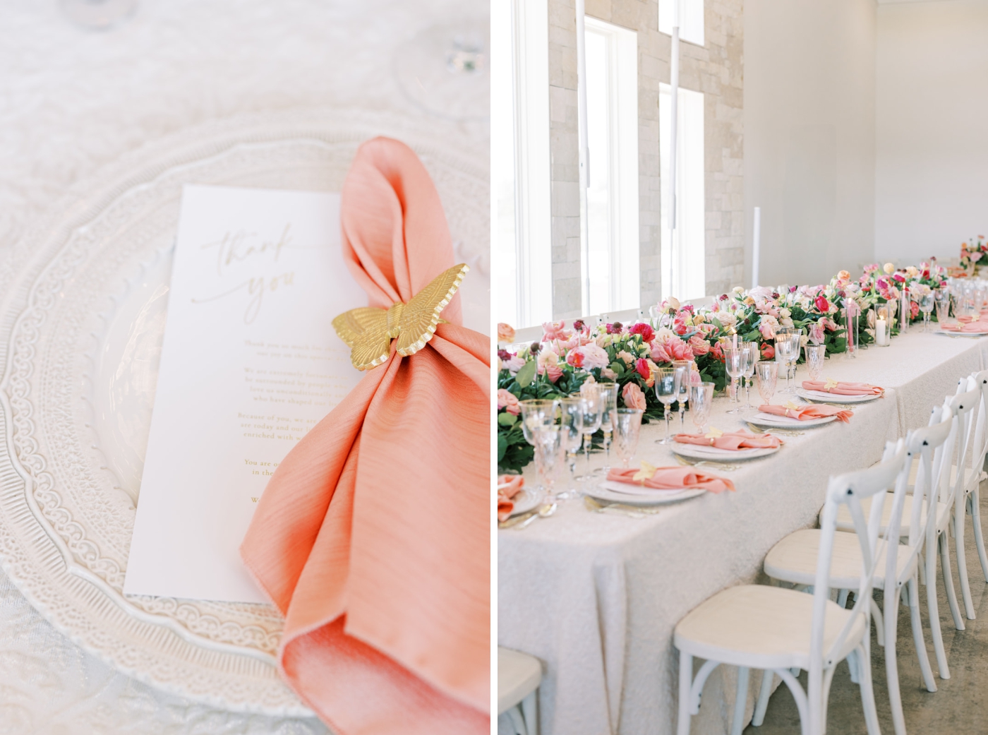 Pink linen napkin rentals on a white tablecloth at a wedding reception