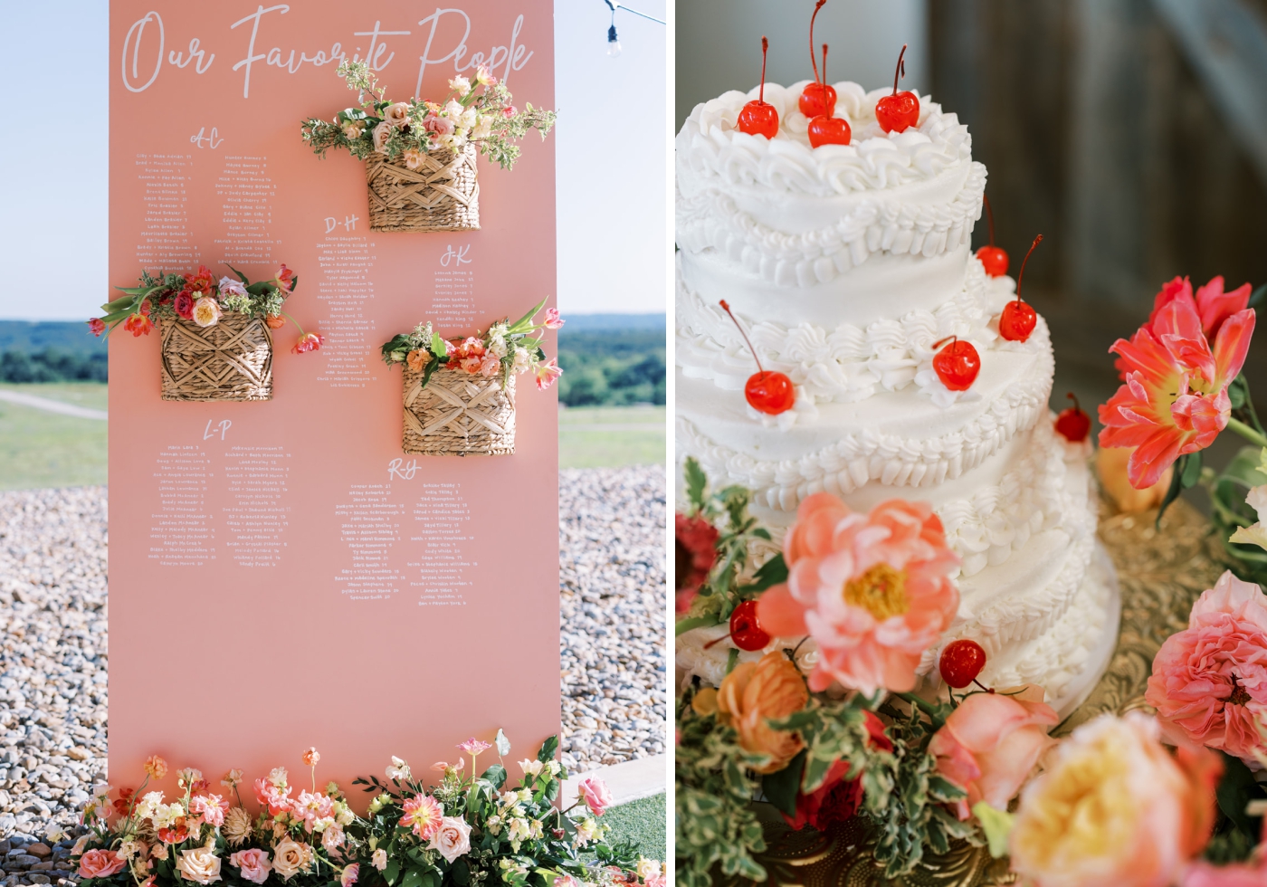 A pink seating chart with hanging flower baskets 