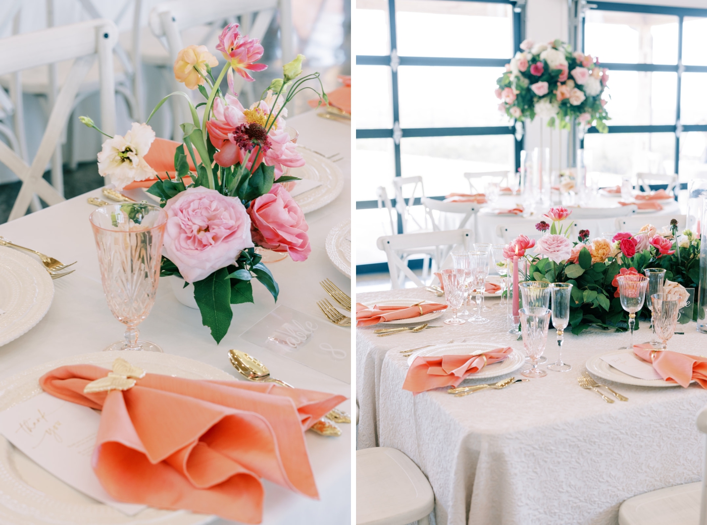 White linen tablecloth rentals with pink napkins, white plates, and gold silverware