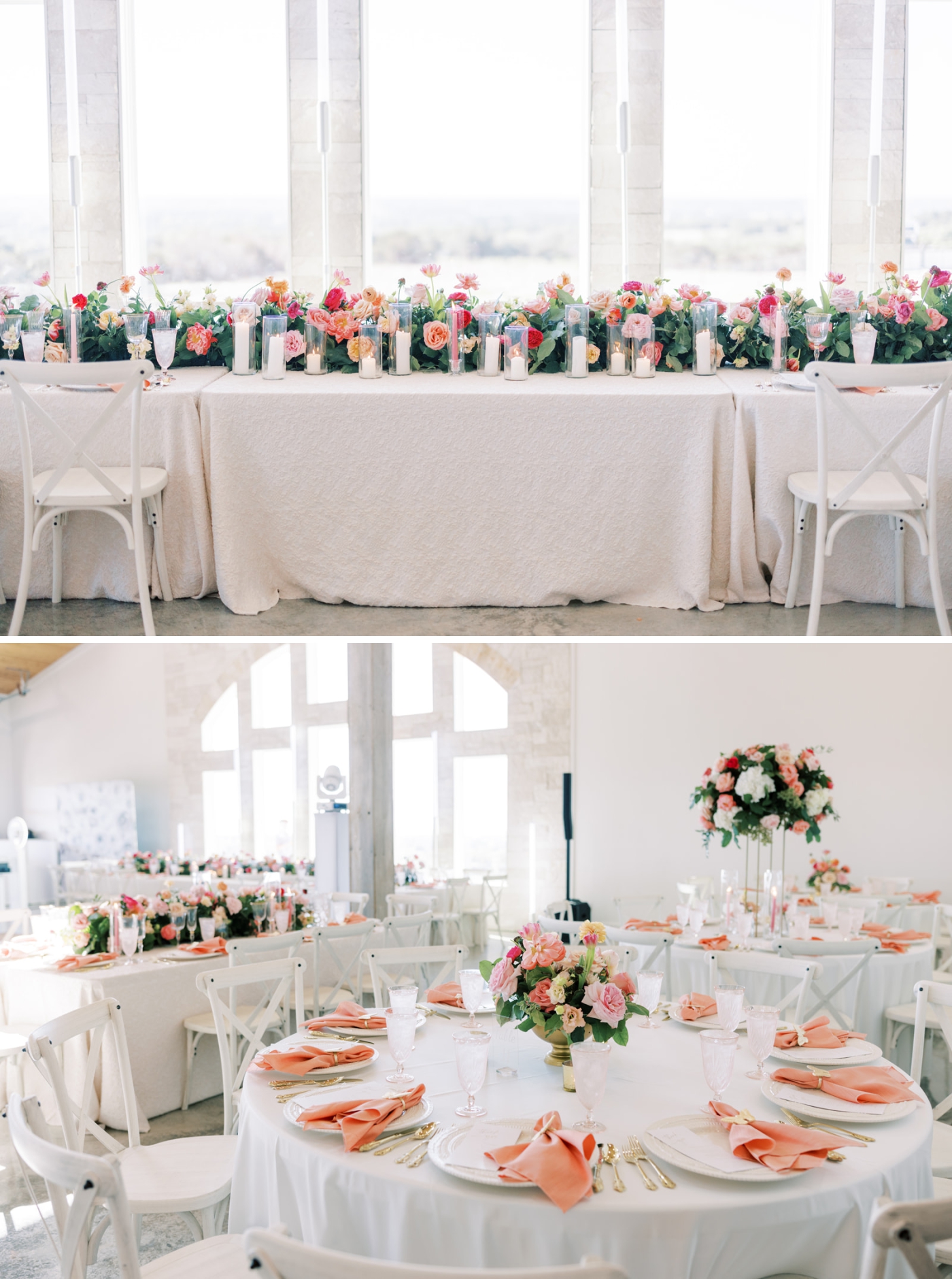 A Weatherford wedding reception with white linens and pink napkins with white chairs