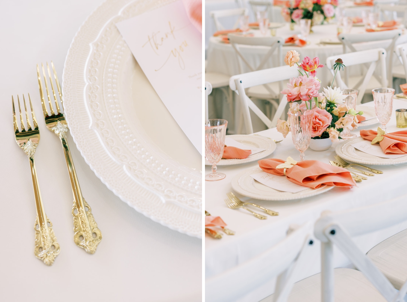 Gold silverware on white linen rentals 