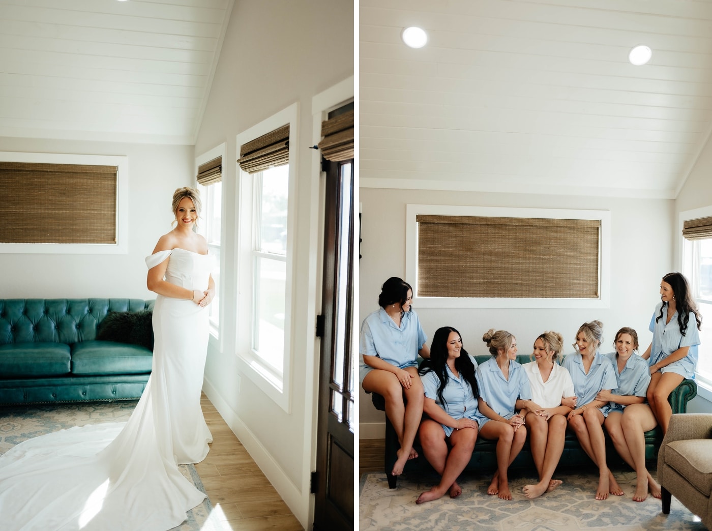 A bride in an off-the-shoulder wedding dress getting dressed with her bridesmaids in blue
