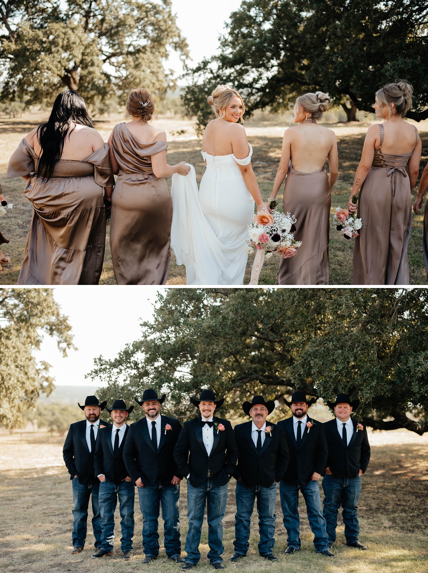 Portraits of a bride and groom with their wedding party