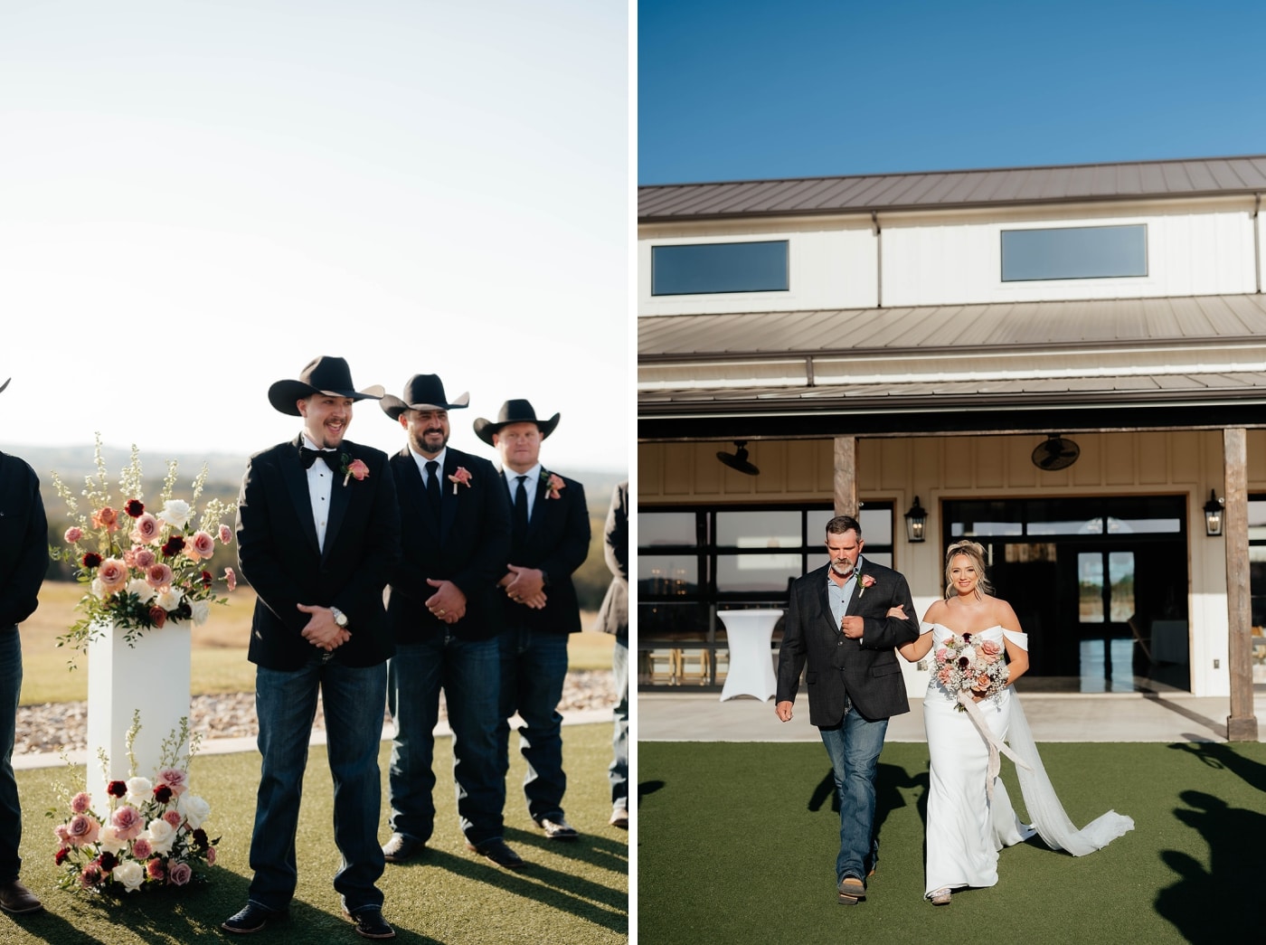 A groom smiles as a bride walks down the aisle of a ranch wedding venue