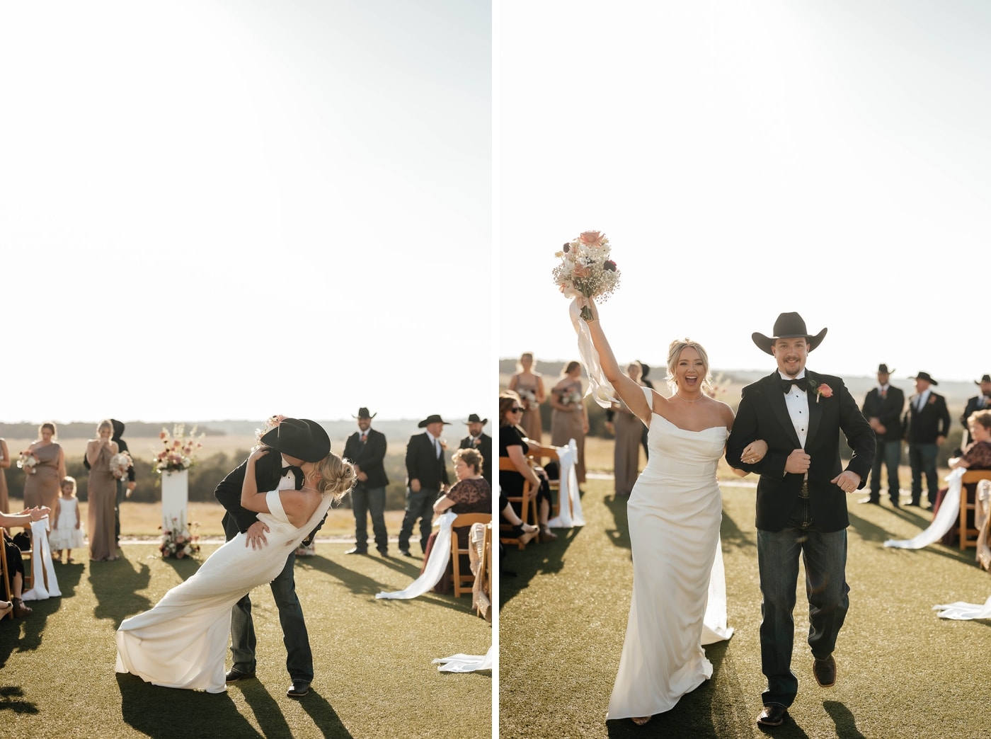 A groom dips the bride and kisses her as they walk up the aisle after their wedding
